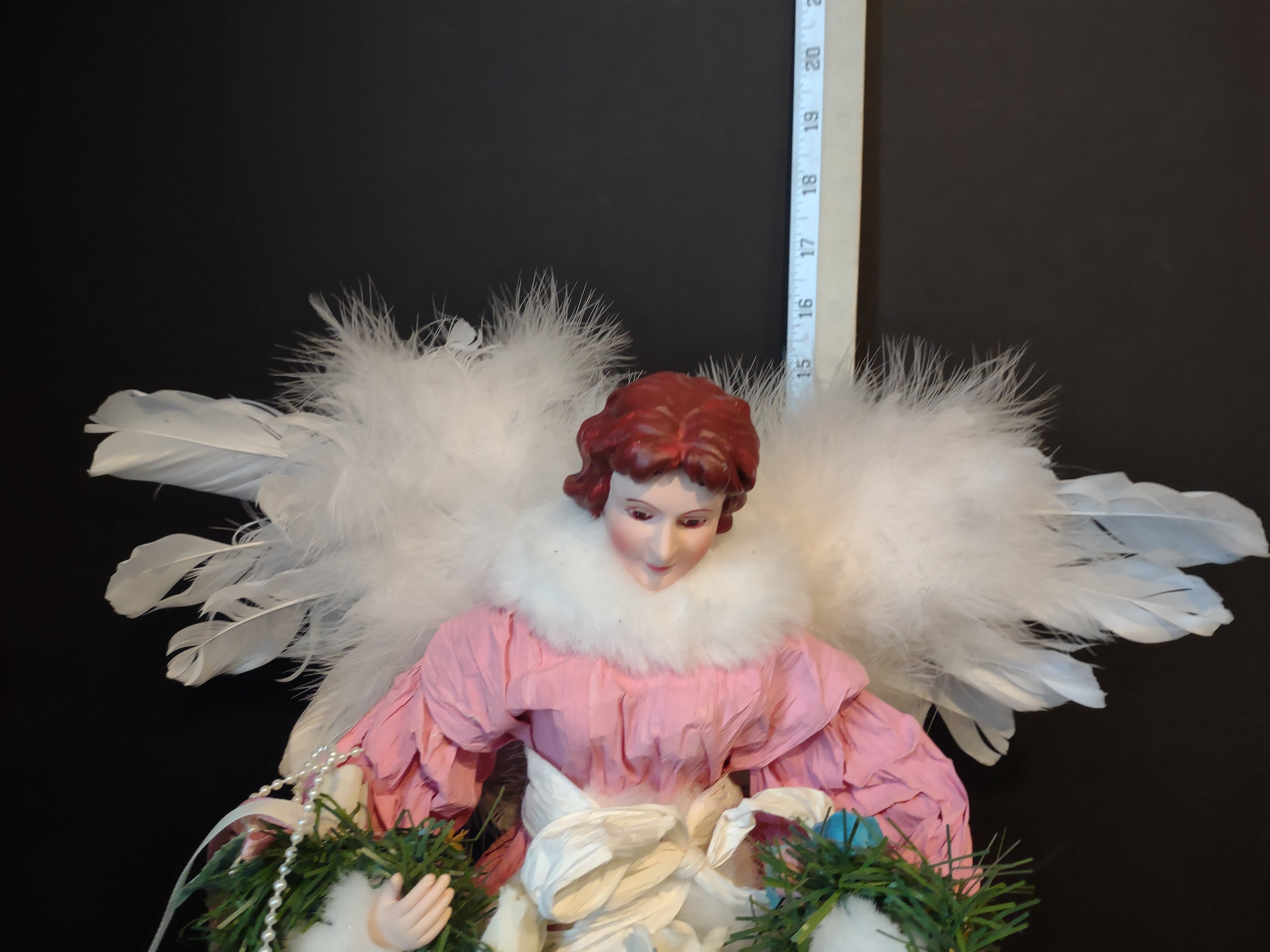 Christmas Angel Tree Topper Pink White 16" Feather Wings (lot 2455)