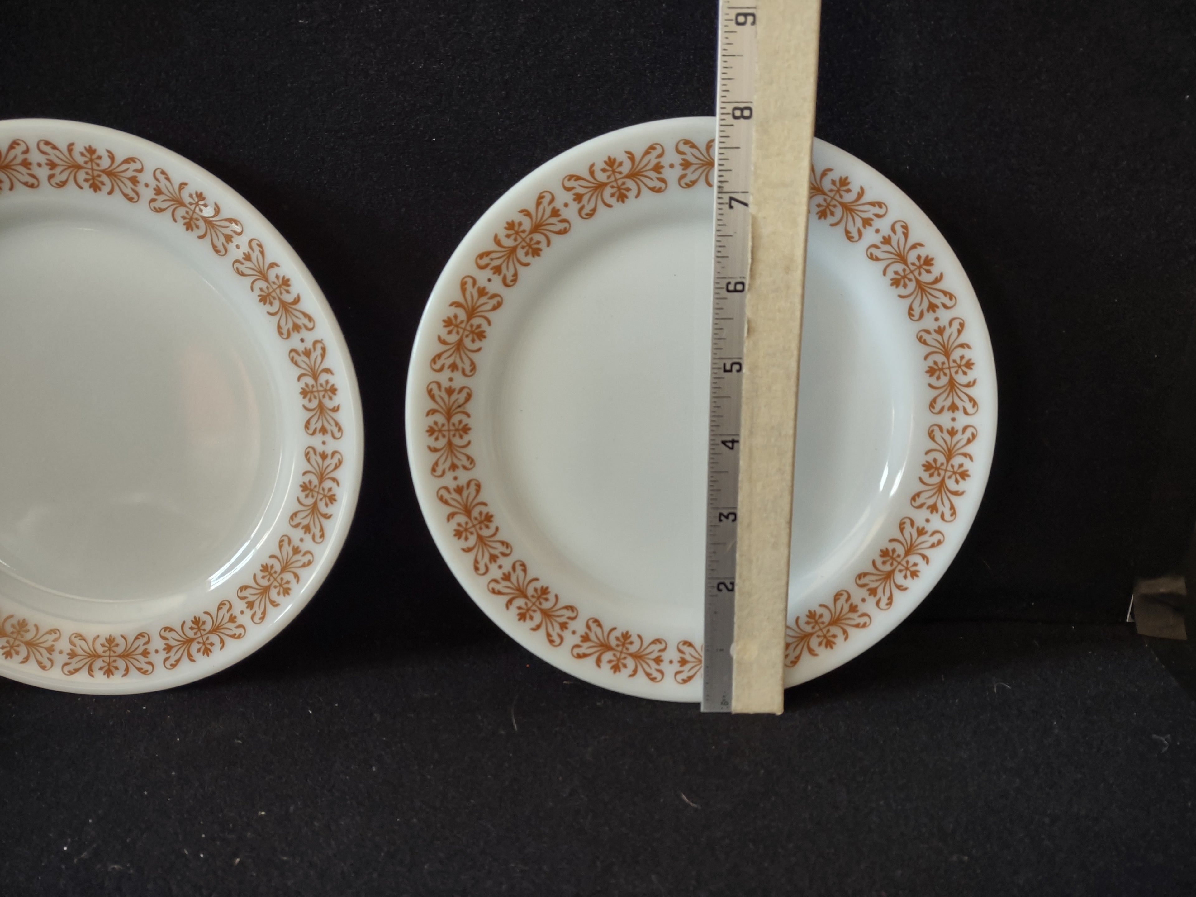 Vintage Pyrex Milk Glass USA Copper Filigree 8" Salad Plate x 2 (lot 5208)