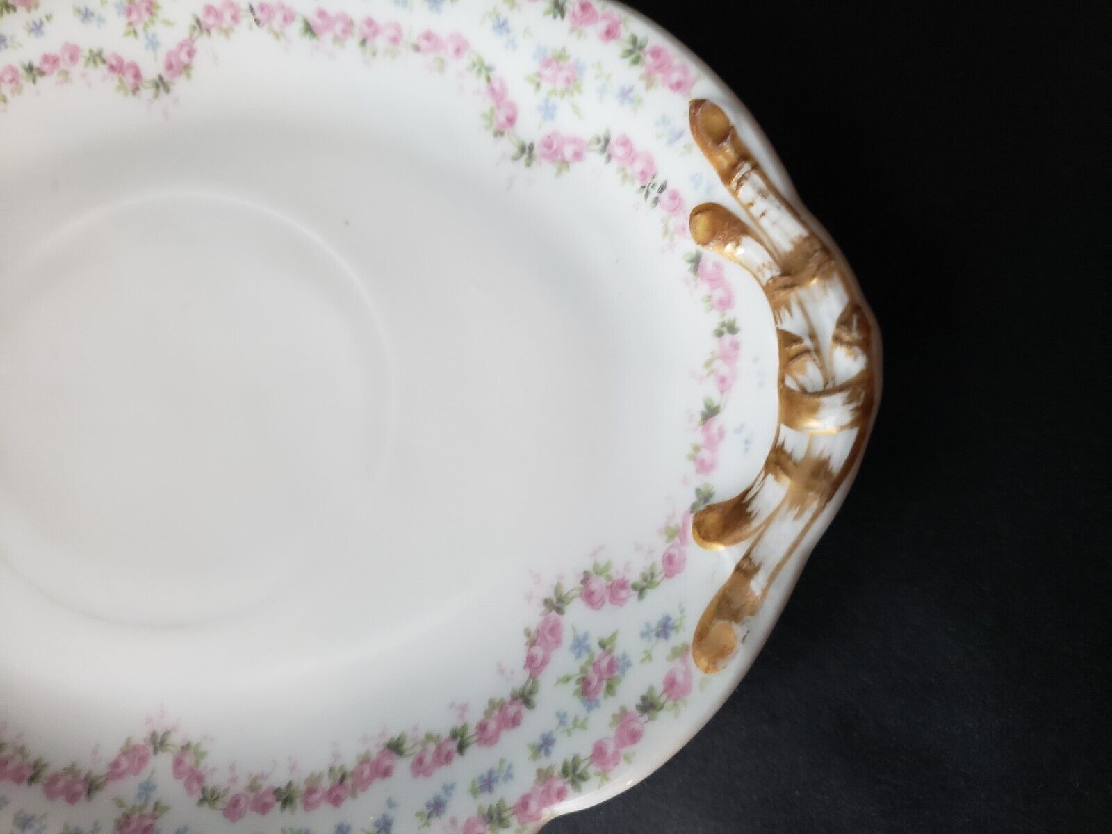 JP France Gravy Boat Gold Trim Double Rose Garland Blue Pink Flower (lot 646)