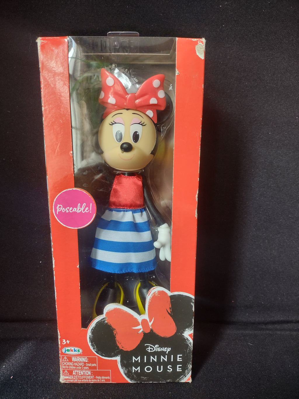 Vintage Poseable Disney Minnie Mouse Vinyl 8" Stripe Skirt WORN Box (lot 2588c)