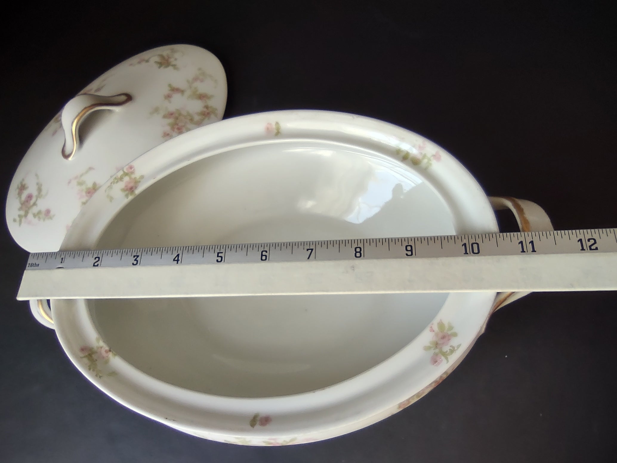 Haviland Limoges Oval Vegetable Tureen Pink Rose Green Ribbon (lot 887)