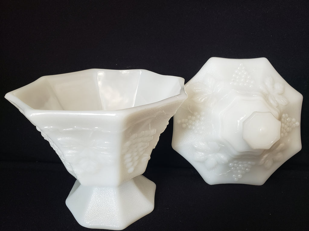Vintage Milk Glass Candy Container Grape Design with Lid (lot 2219)