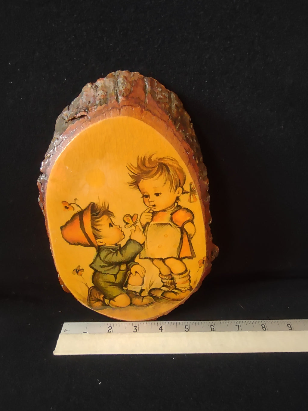 Vintage Hummel Style Natural Bark Edge Wooden Wall Plaque Evans Boy Girl(Lot4811