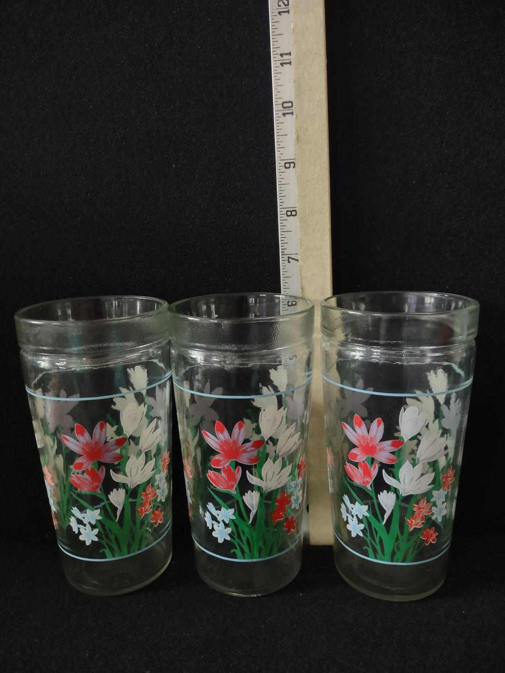 Vintage Anchor Hocking 6" Juice Glass Tumbler x 3 Spring Flower (Lot 5120)