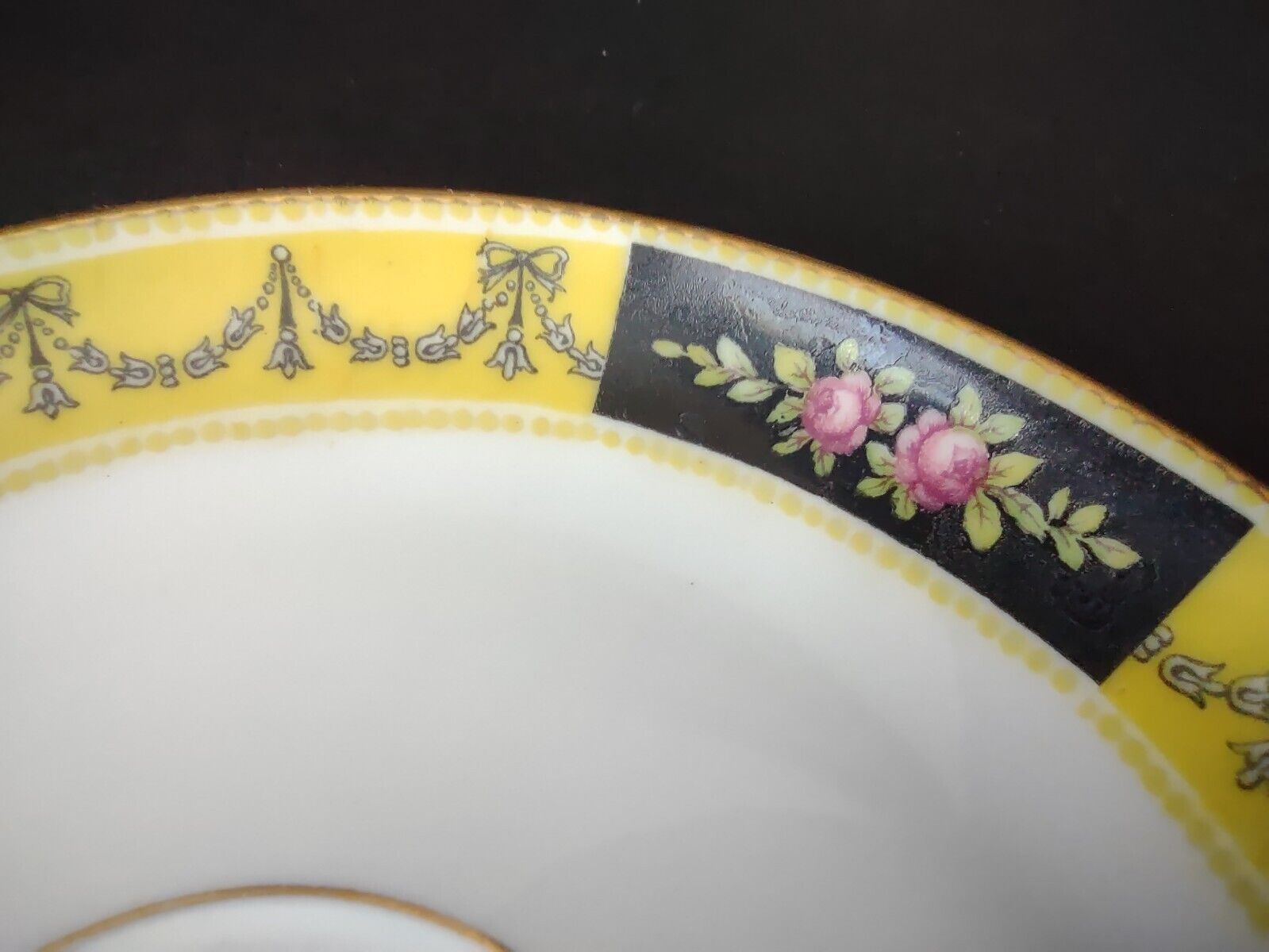 Avenir Limoges Ovington Bros Teacup & Saucer Yellow Black Trim Bow Rose lot 730