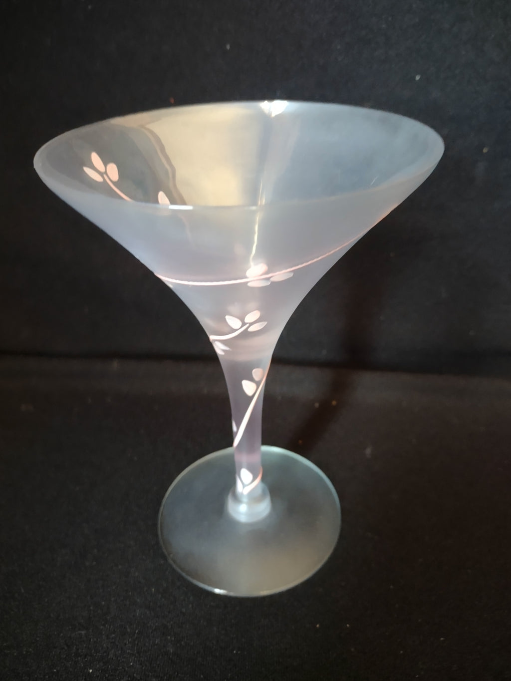 Vintage MCM Frosted Martini Glass Pink Leaves Handpainted (lot 2739)