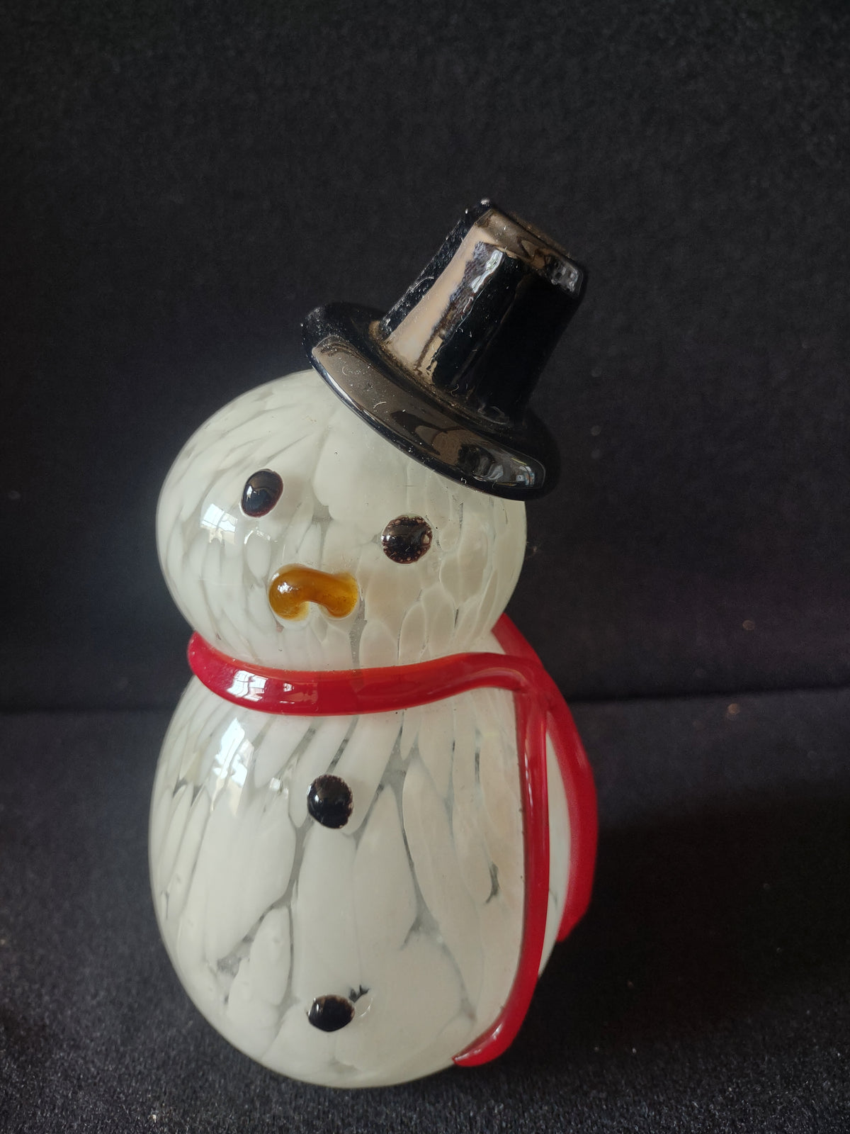 Vintage White Glass Snowman Figurine Red Scarf Black Top Hat Christmas [8194n]