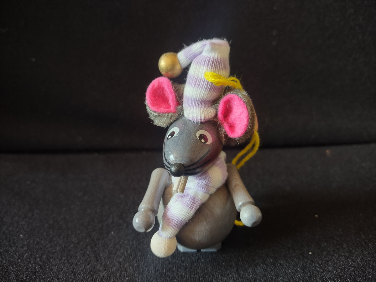 Vintage Steinbach Mouse Wood Christmas Ornament Germany Purple Scarf [8196n]
