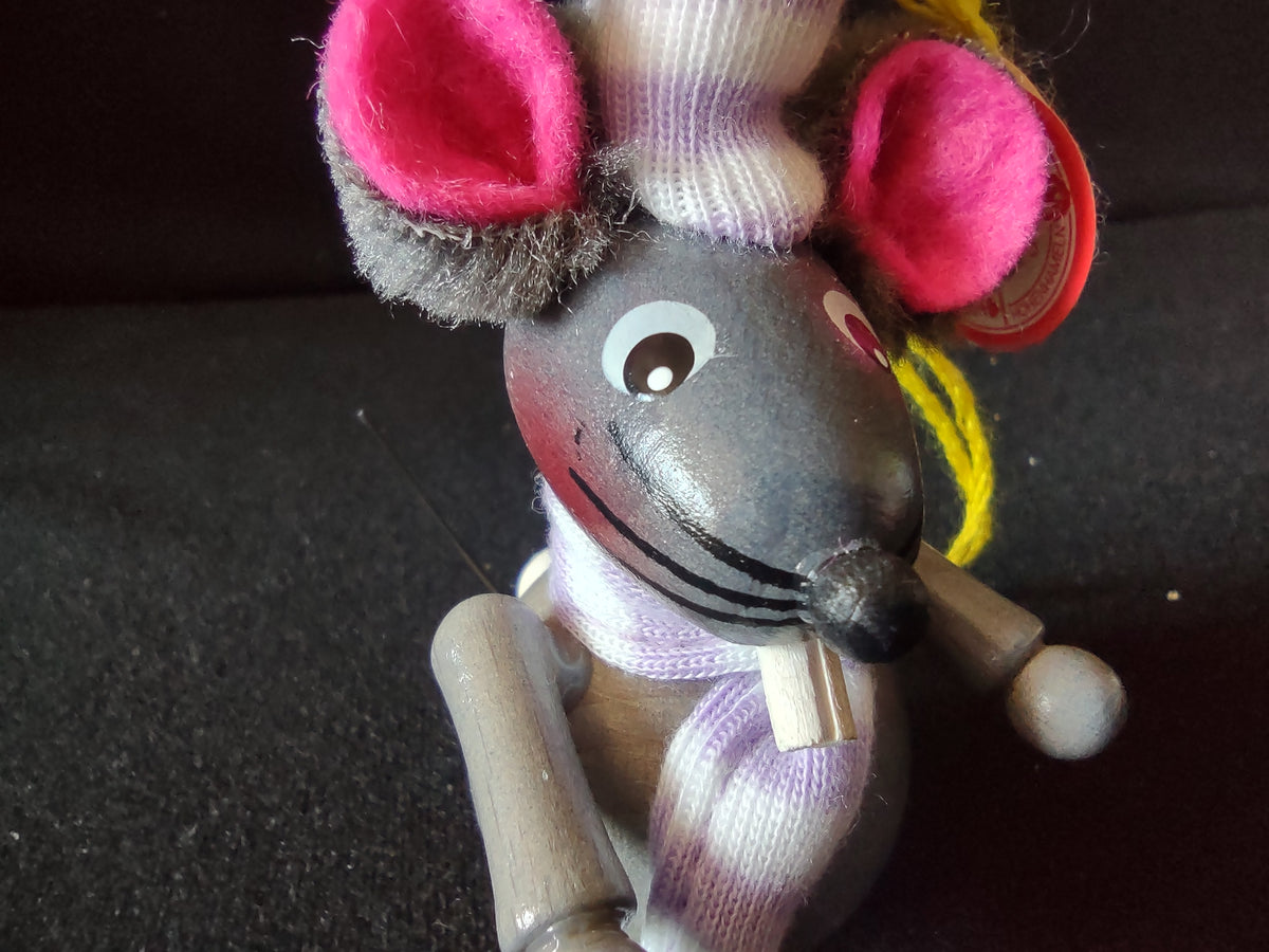 Vintage Steinbach Mouse Wood Christmas Ornament Germany Purple Scarf [8196n]