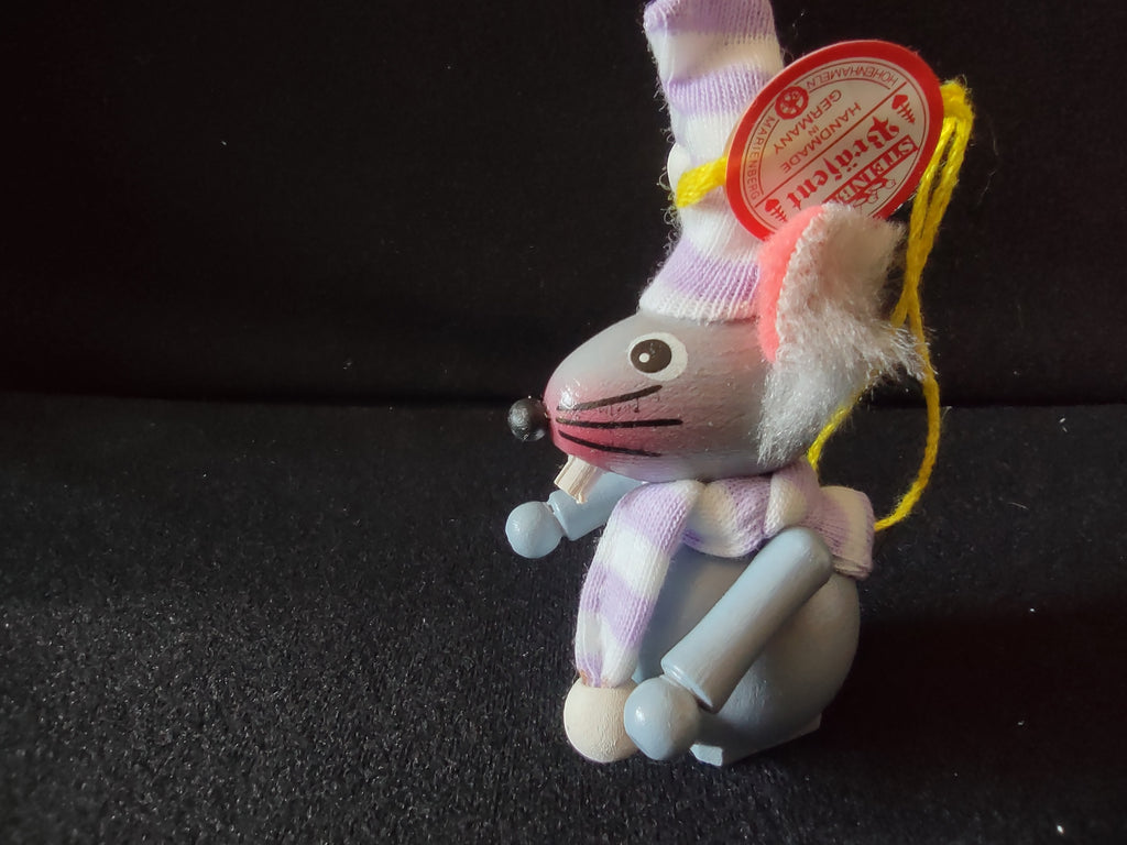 Vintage Steinbach German Wood Mouse Christmas Ornament Gray Lavender Hat [8197n]