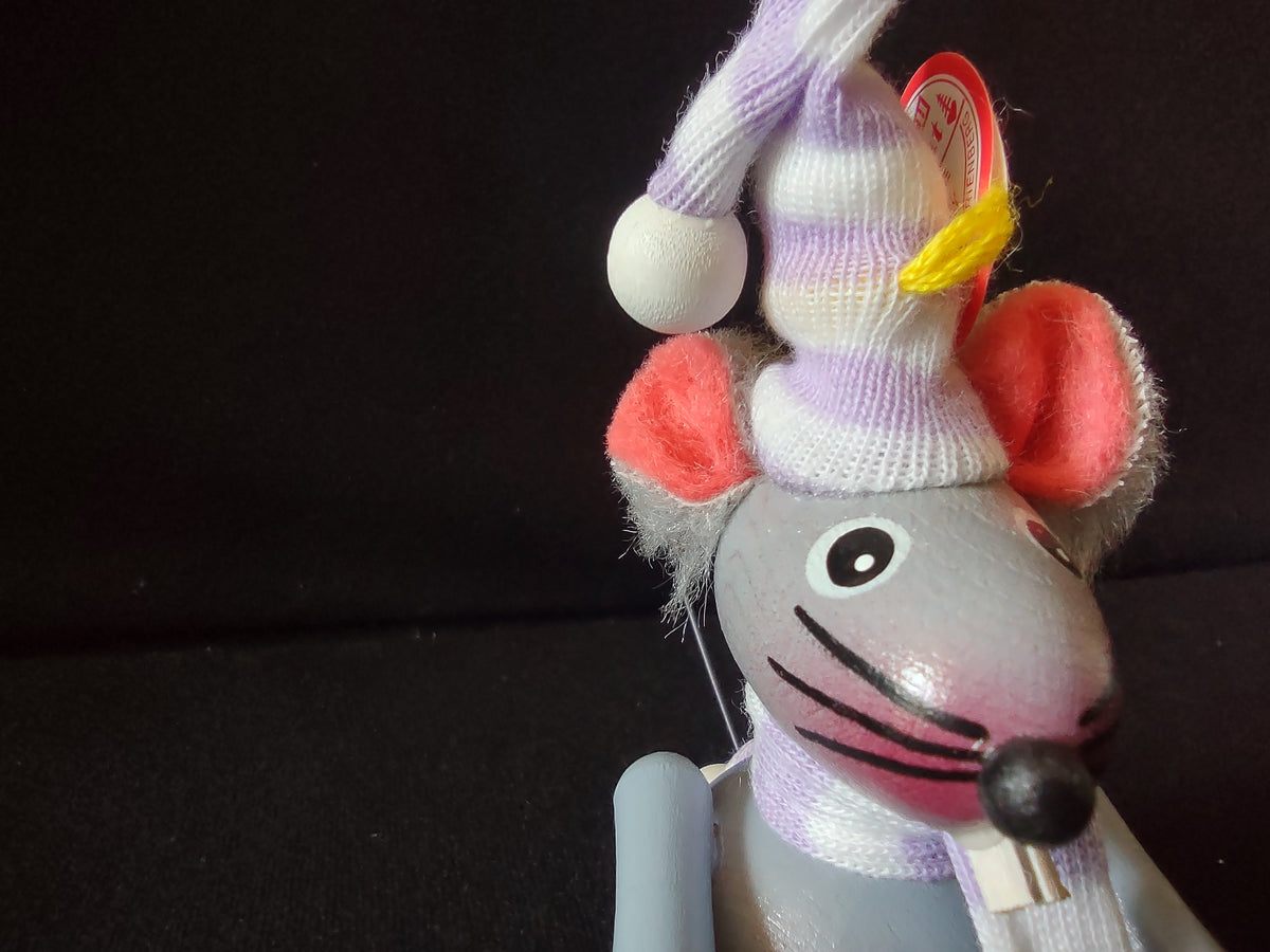 Vintage Steinbach German Wood Mouse Christmas Ornament Gray Lavender Hat [8197n]