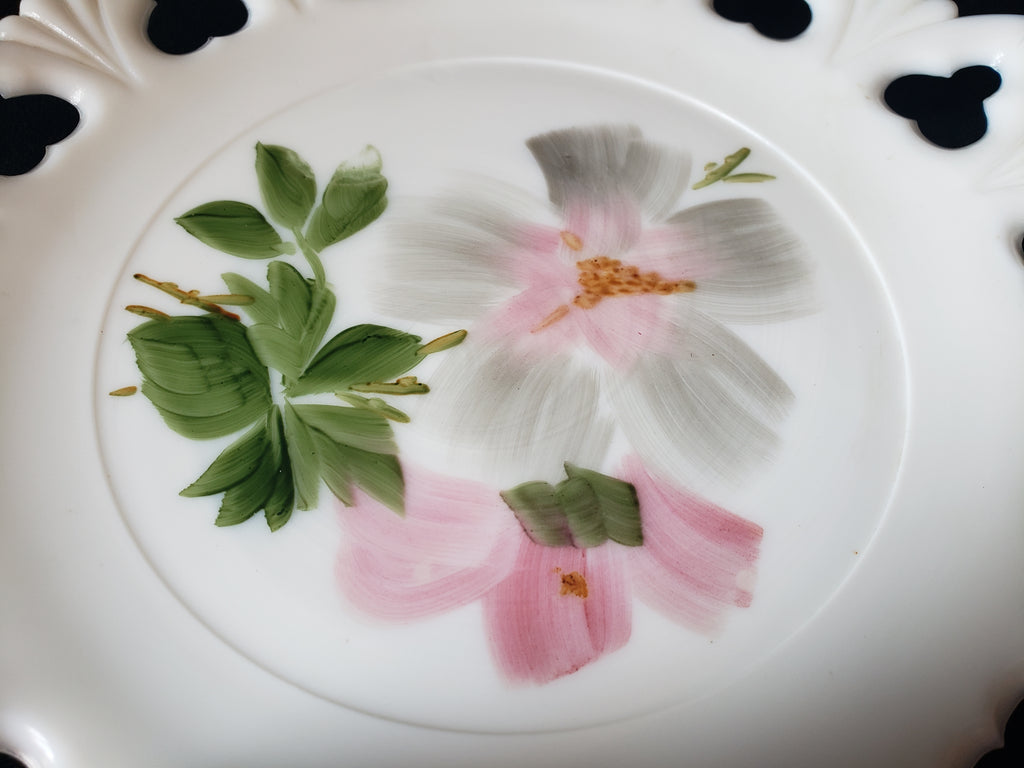 Vintage Kemple Pink Flower Motif Milk Glass Wall Plate (lot 2191)