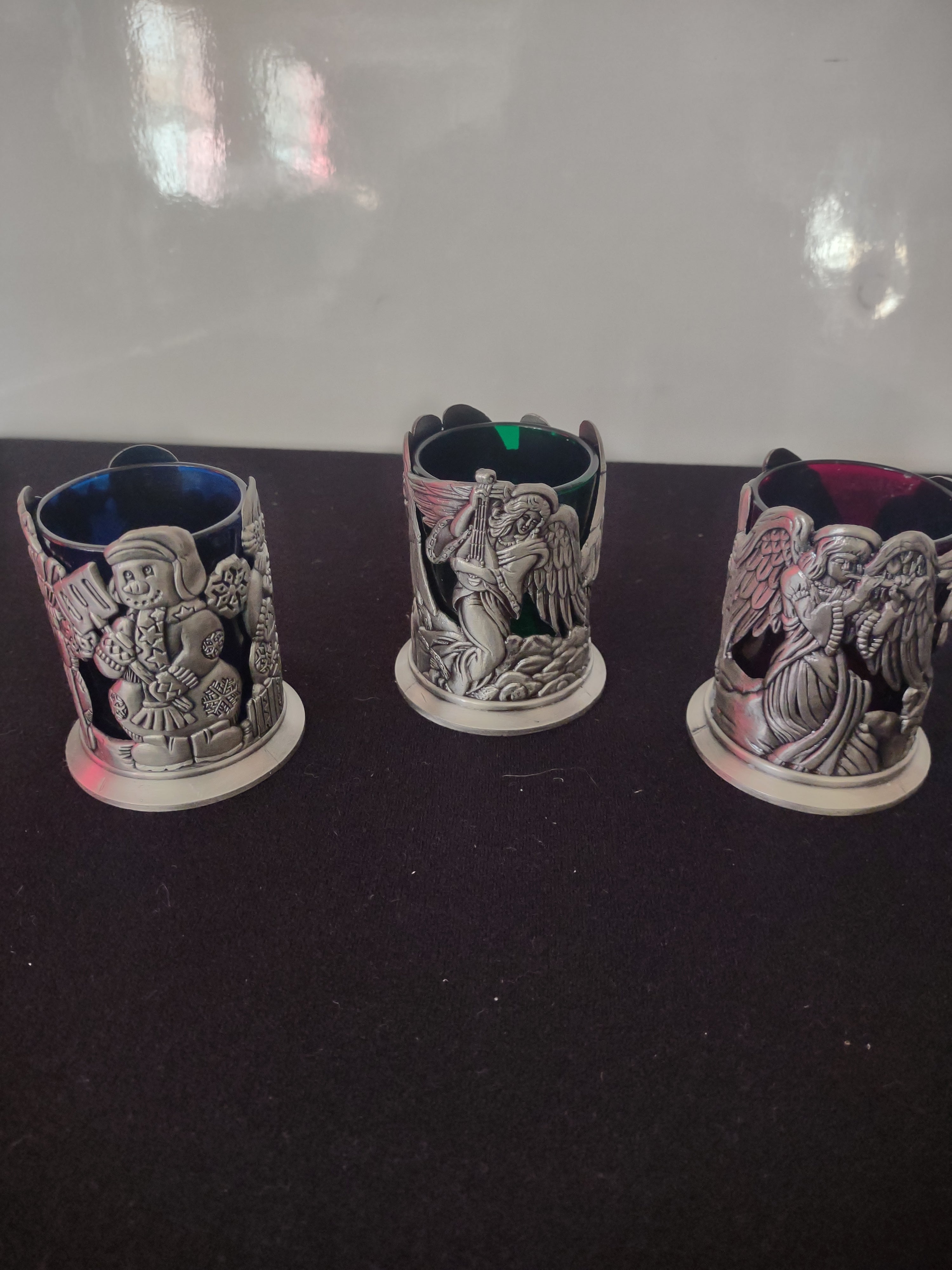 Christmas Holiday Pewter Tea Light Holder 2 Angel 1 Snowman (Lot 4565)