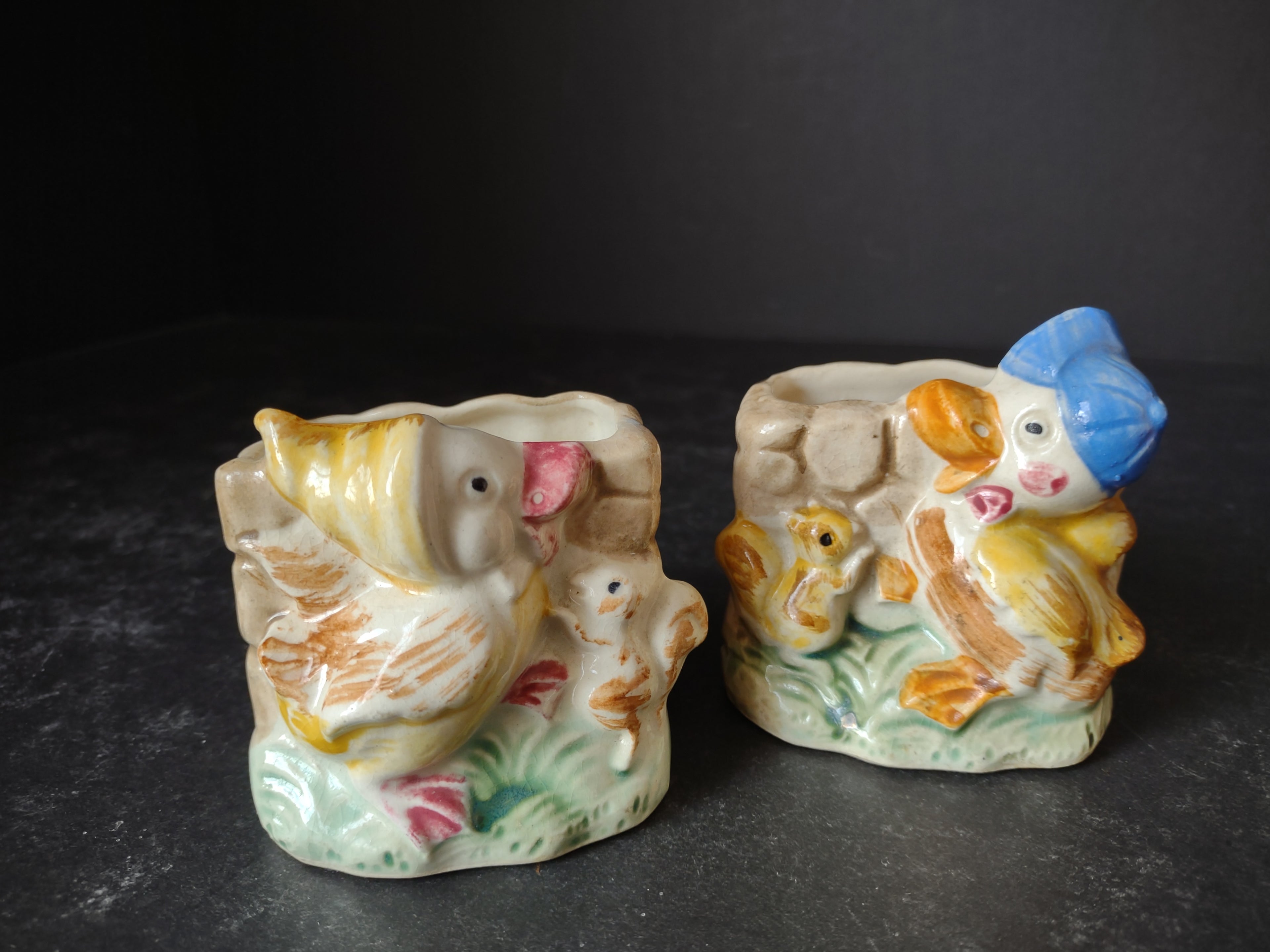Vintage Spring Easter Small Planter x 2 Ducks Squirrels Made in Japan (lot 3472)