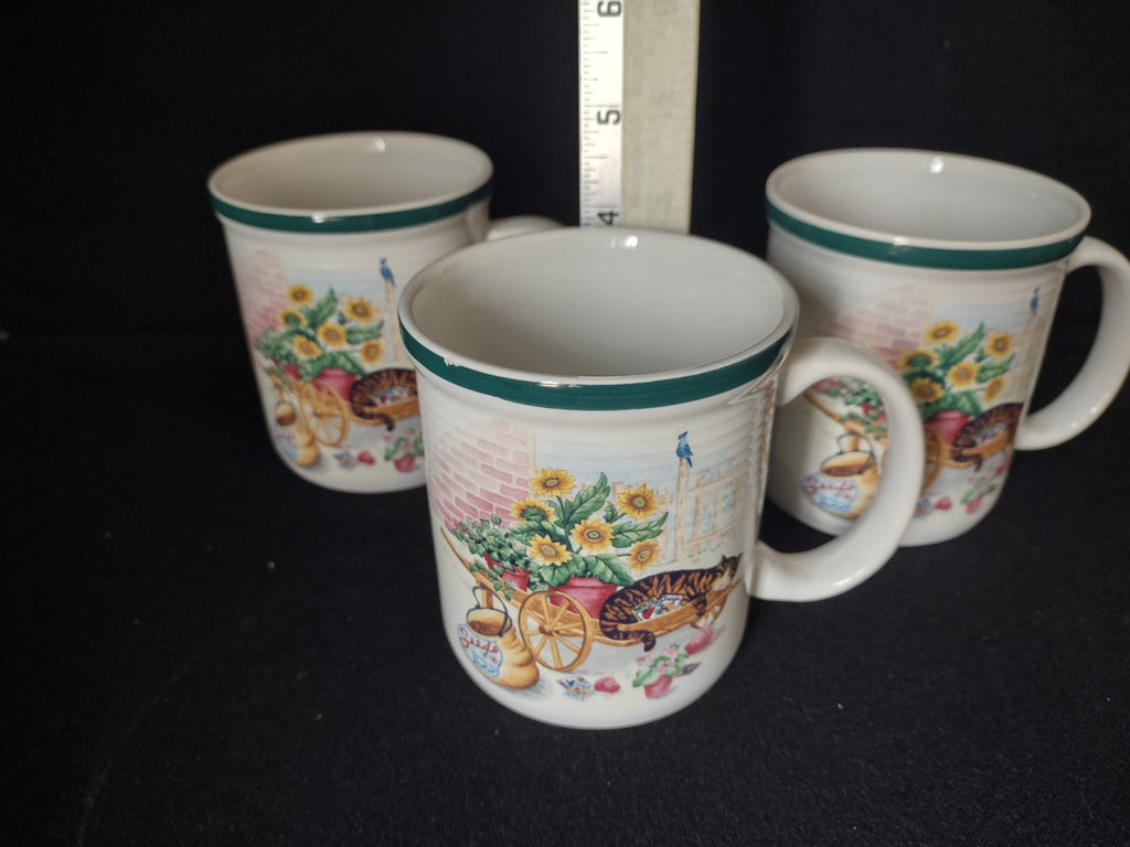 Cat Nap Country Green Band Cup Mug x 3 Stoneware Thailand (lot 2855c)