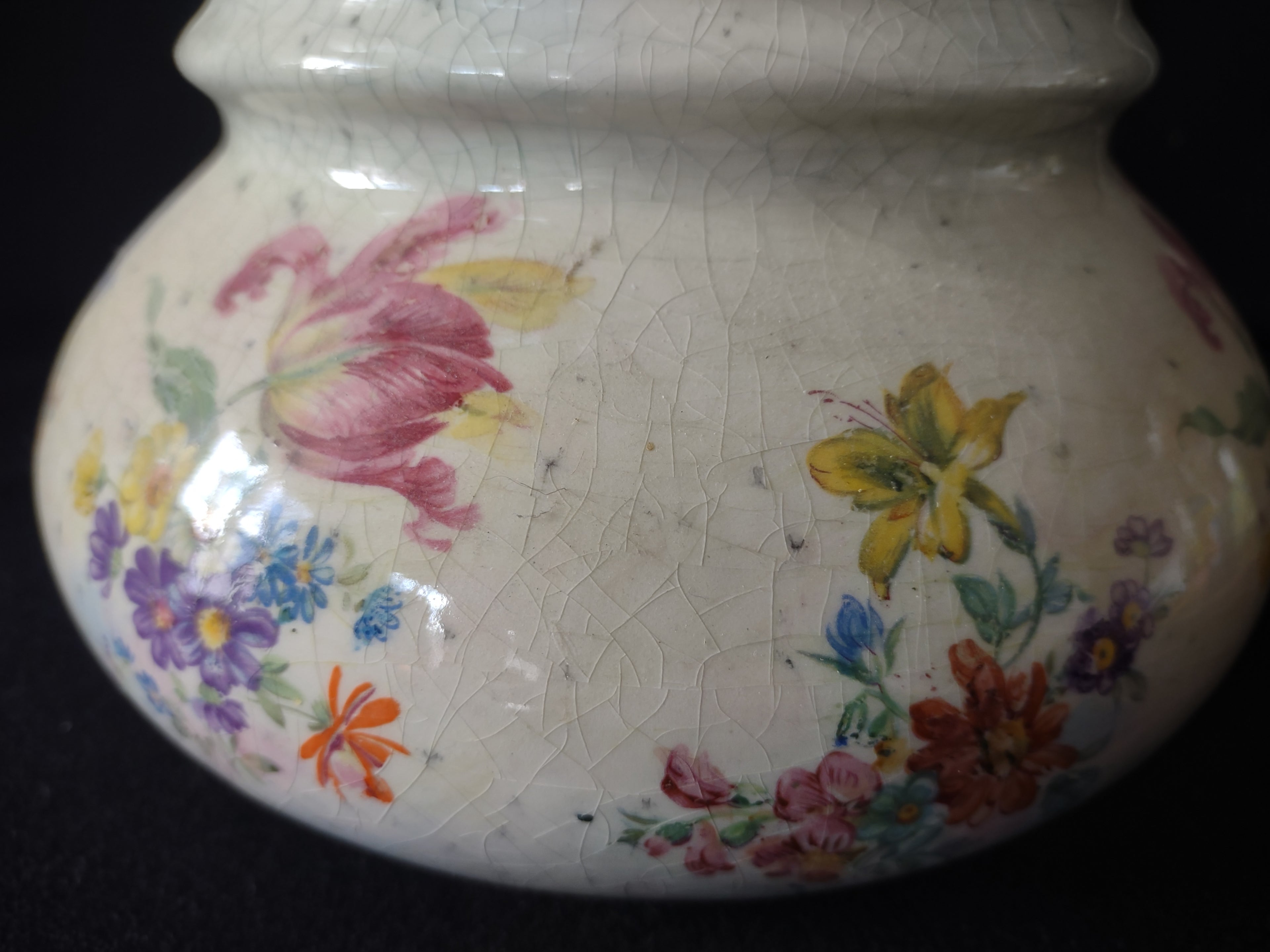 Vintage Floral Round Vase Heavy Crazing Aged Cottage (lot 5522)