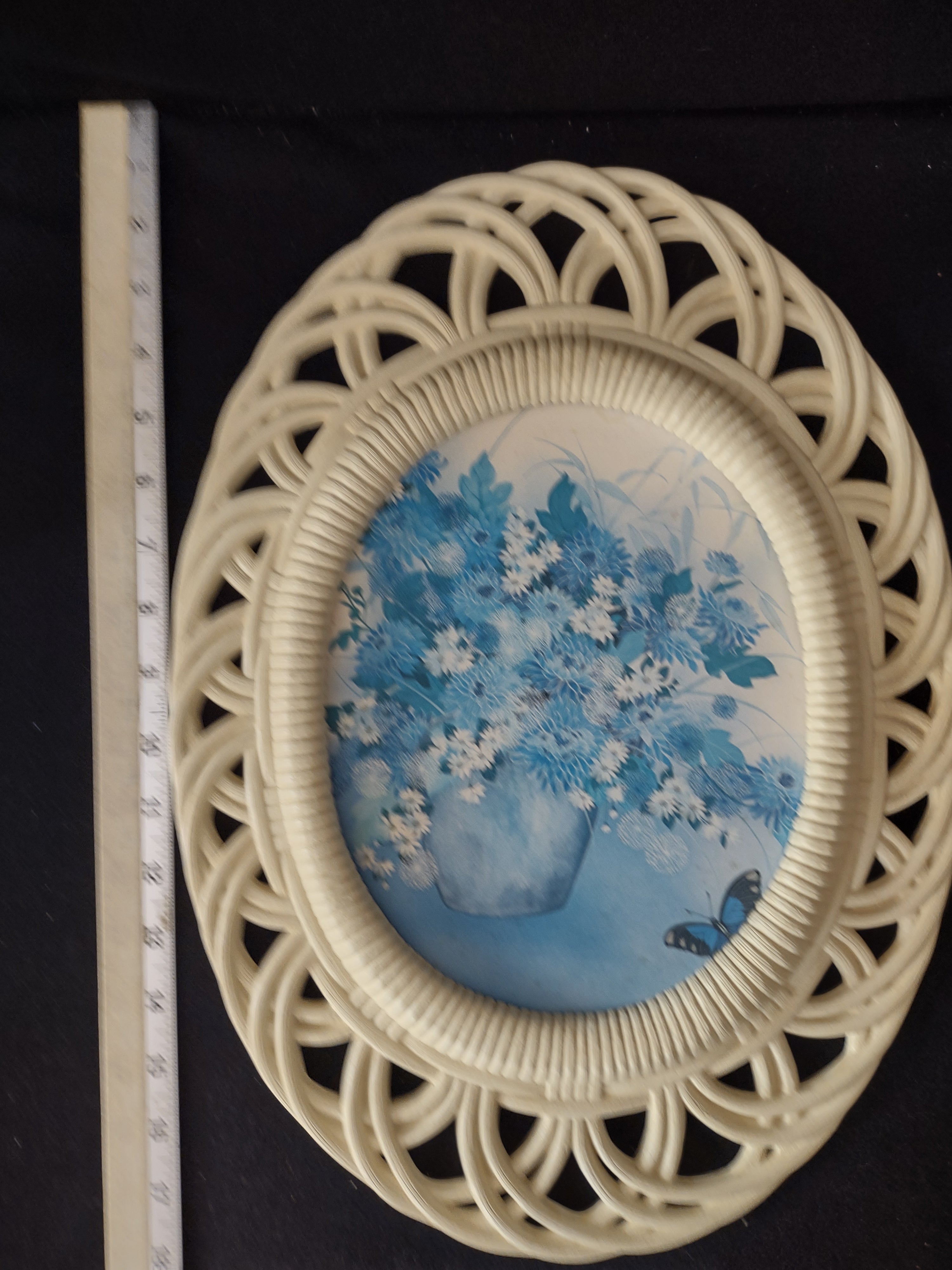 Vintage Burwood Faux Bamboo Blue Floral Pictures 17 X 12.5 Set Of 2 (Lot 3873)