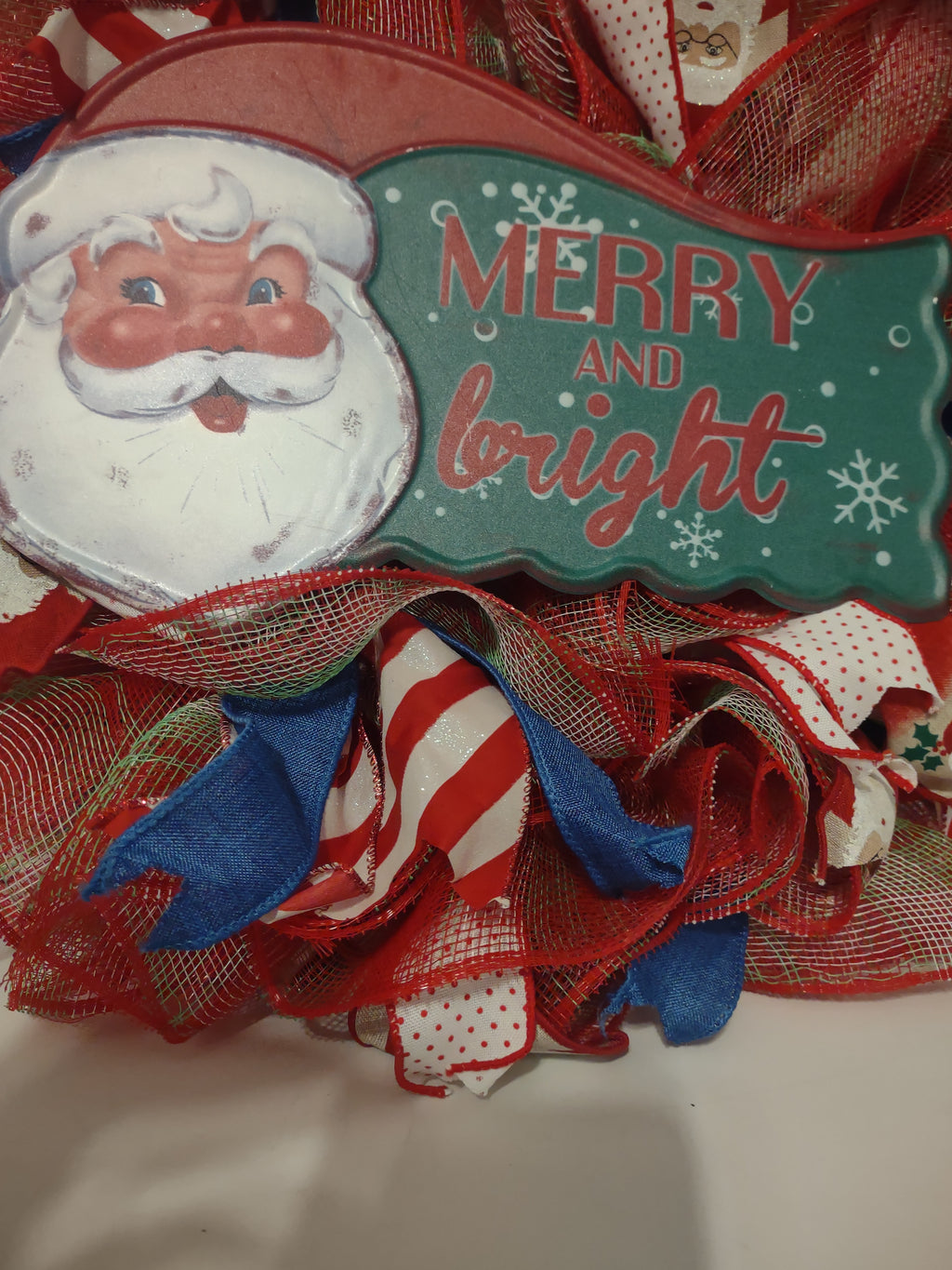 Handmade Christmas Wreath Sparkly Red White Blue Ribbon 22" Santa Merry lot 1294