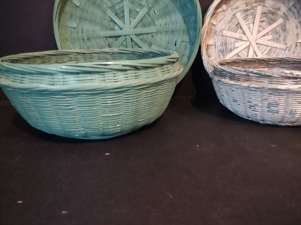 2 x Vintage Wicker Basket Painted Turquoise White Lids Rustic Primitive (1146)