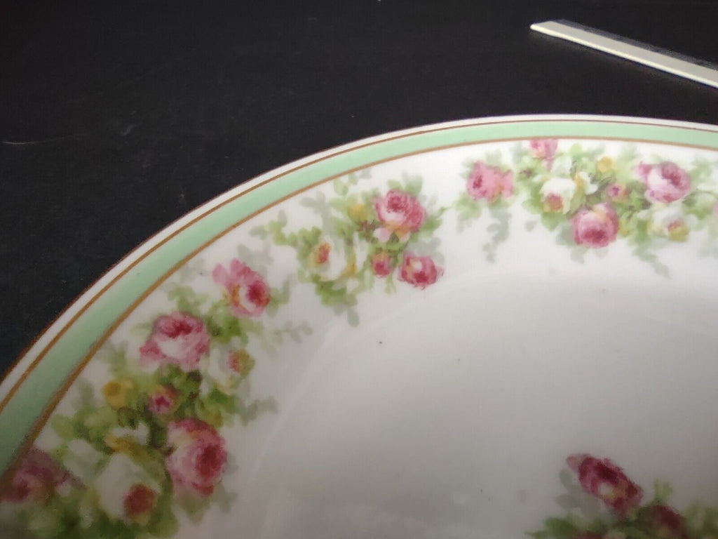 Coronet Limoges France 2 x Soup Plate Mint Band Gold Trim Pink Rose (lot 551)