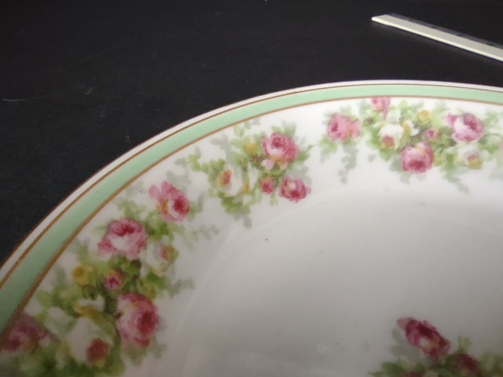 Coronet Limoges France 2 x Soup Plate Mint Band Gold Trim Pink Rose (lot 551)