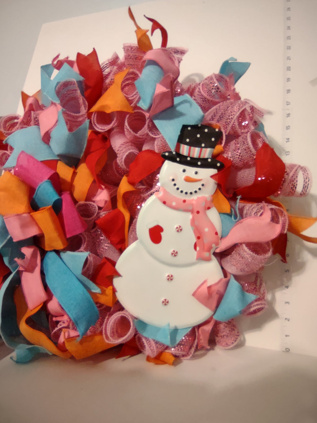 Handmade Christmas Wreath 24" Pink Orange Blue Ribbon Sparkly Snowman (lot 1291)