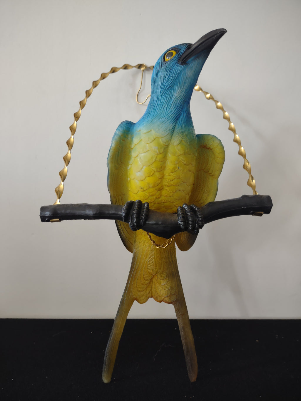 Vintage Plastic Blue Yellow Bird On A Perch Gold Hanger (Lot 3711)
