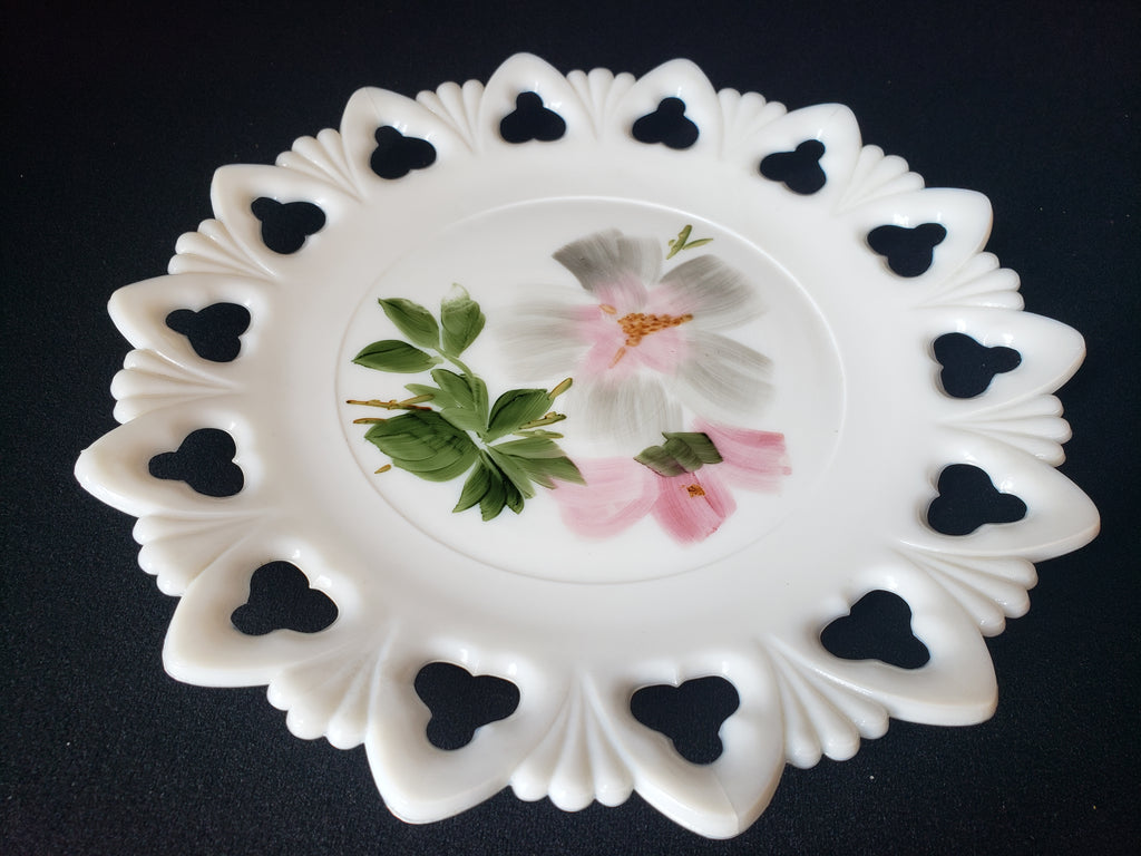 Vintage Kemple Pink Flower Motif Milk Glass Wall Plate (lot 2191)