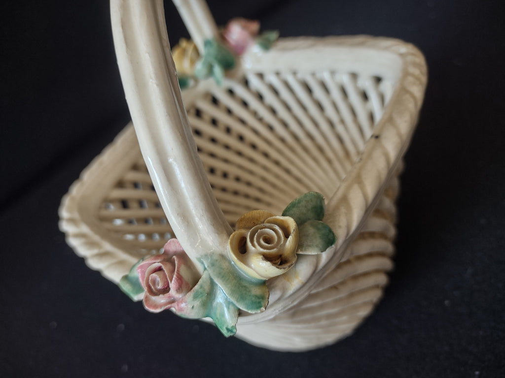 Vintage Ceramic Reticulated Small Basket Roses Made in Italy (lot 5525)