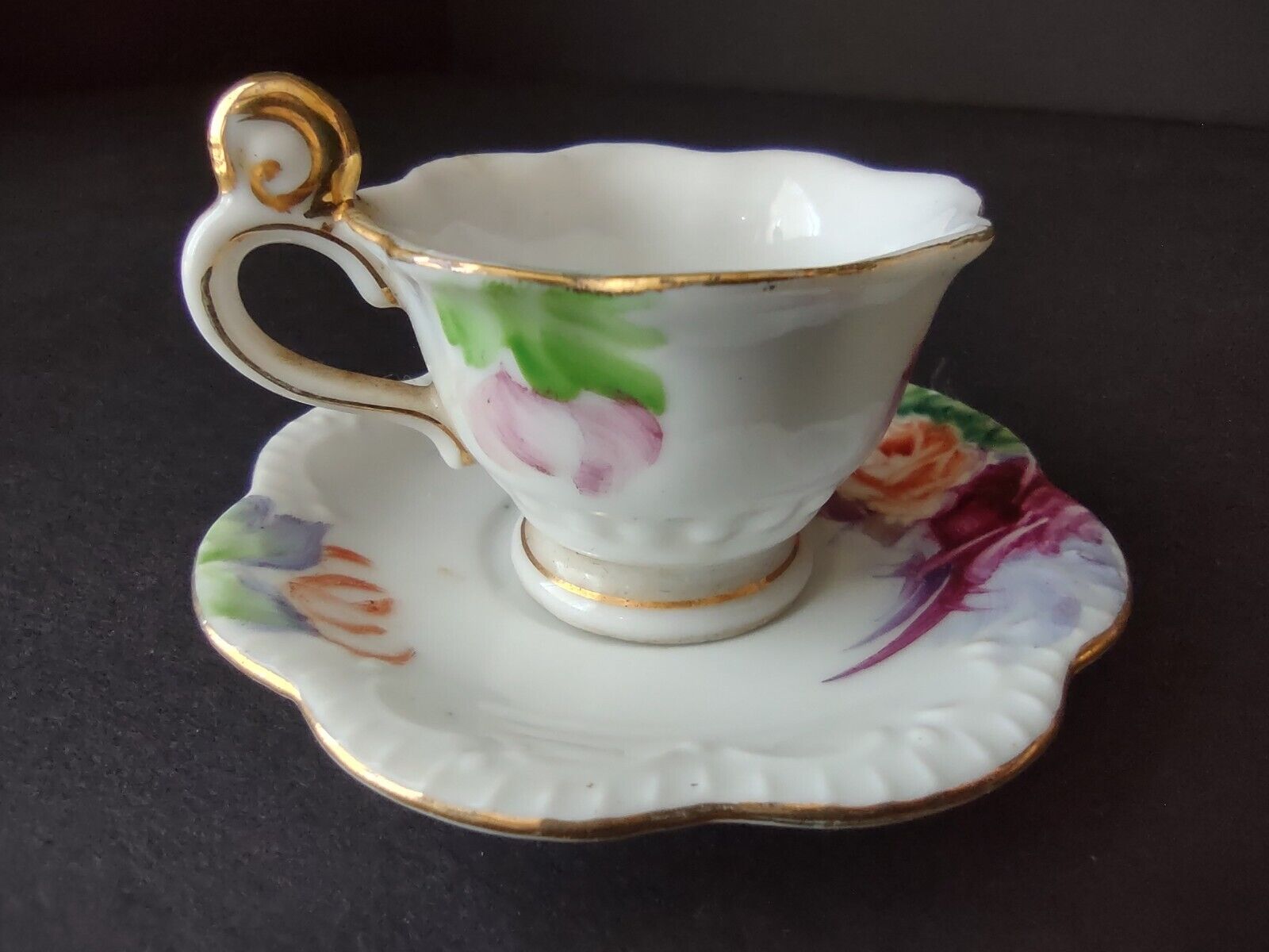 Japan Miniature 1-3/8" Teacup & Saucer Pink Orange Purple Rose (lot 726)