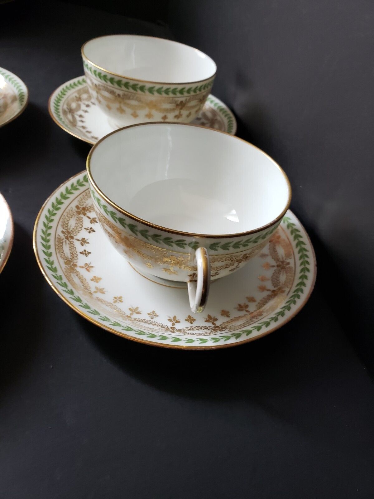 JP Limoges France Gold Trim Green Laurel 4 x Teacup & Saucer (583)