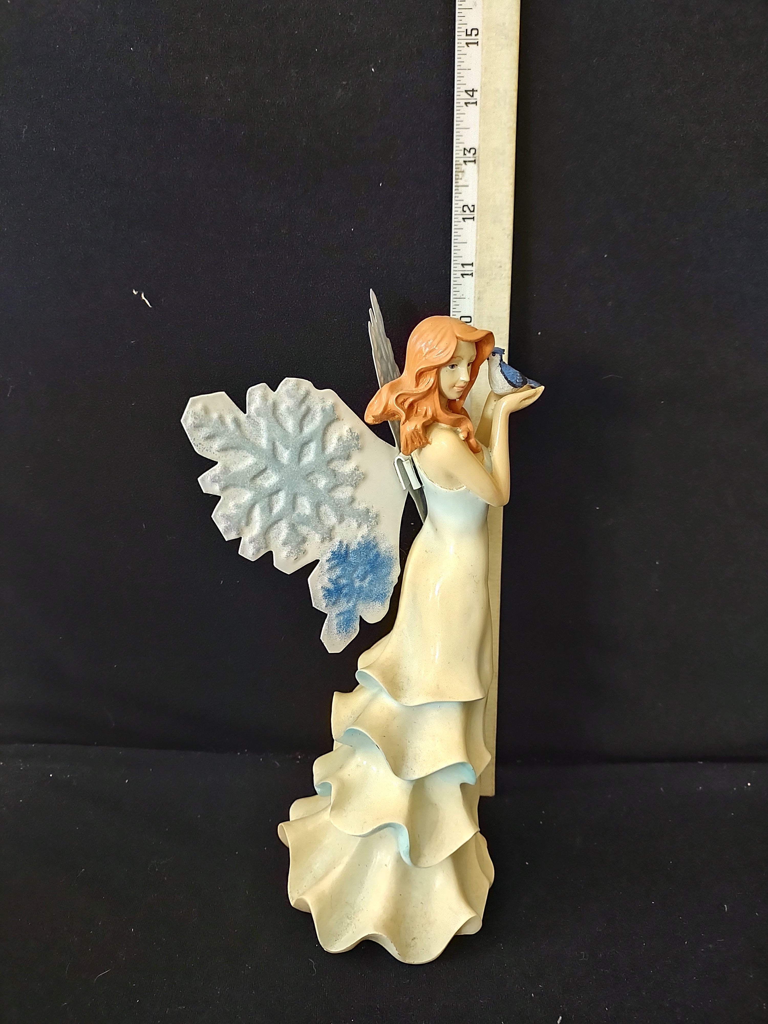 Vintage Angel Figurine Flowing Robe Blue Snowflake Wings Blue Bird (Lot 3889)