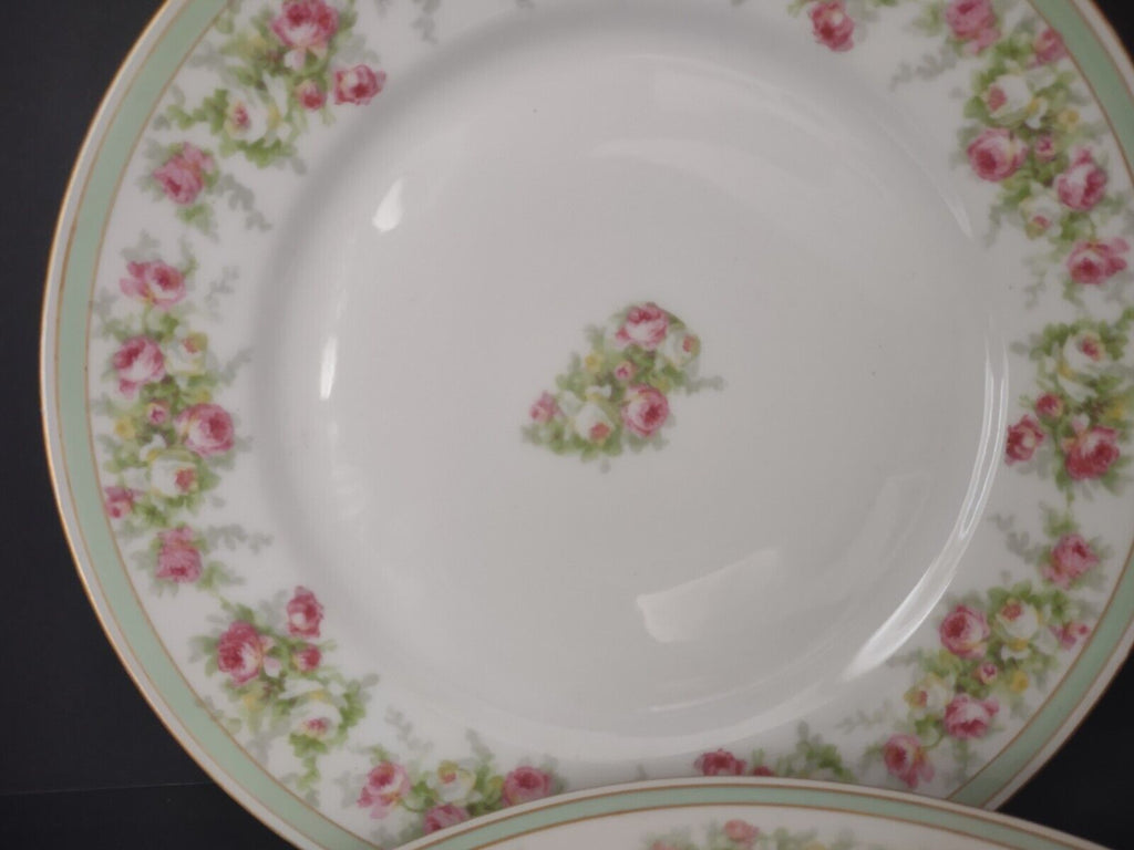 Coronet Limoges France 4 x Dinner Plate Mint Band Gold Trim Pink Rose (lot 550)