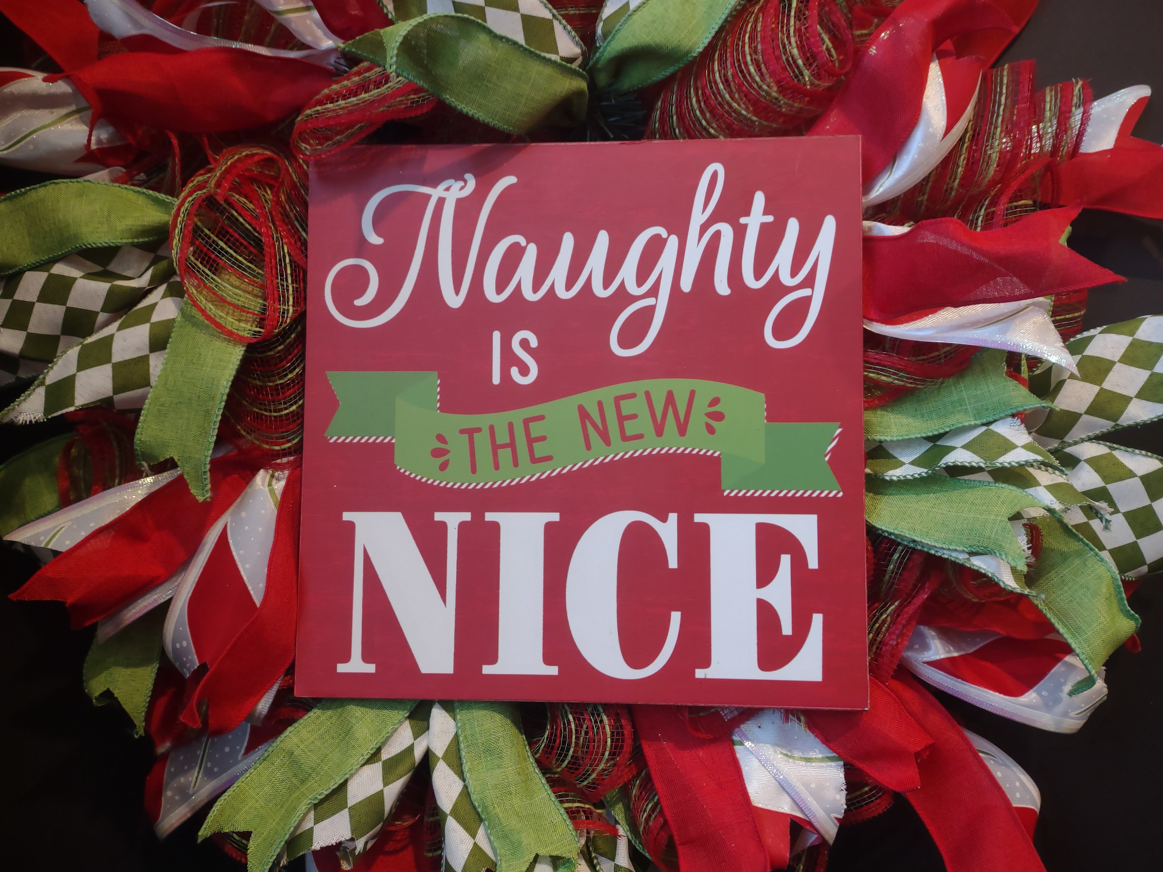 Christmas Naughty is New Nice Mesh Ribbon Wreath Handmade 22" (lot 1398)