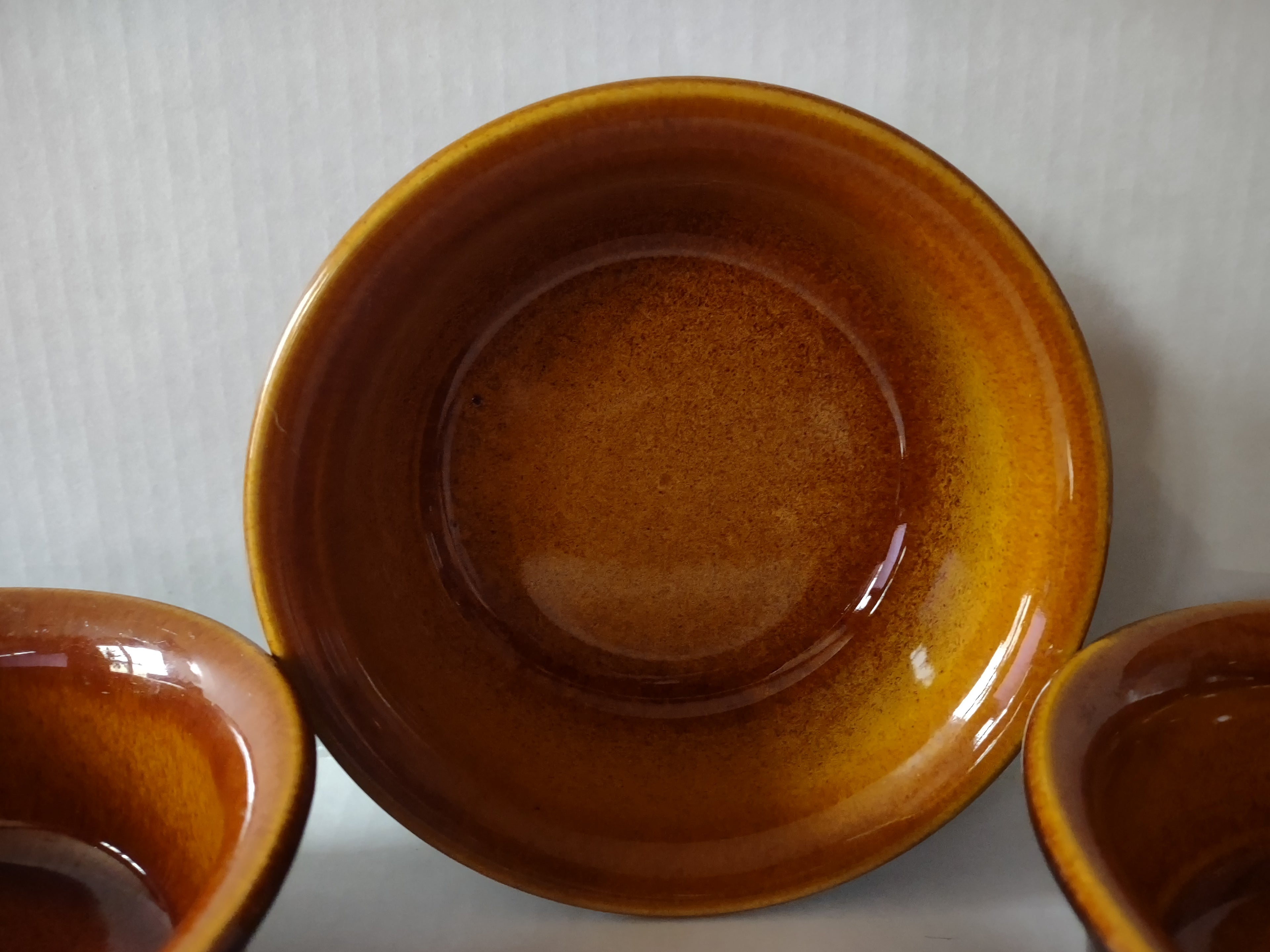 Vintage MCM Ironstone Amber Octagon Soup Bowl x 3 USA Oven Proof (lot 5007)