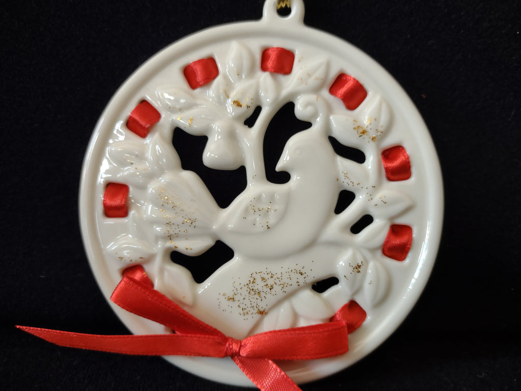 Vintage Lenox Porcelain Partridge Christmas Ornament Red Ribbon Gold [4880]