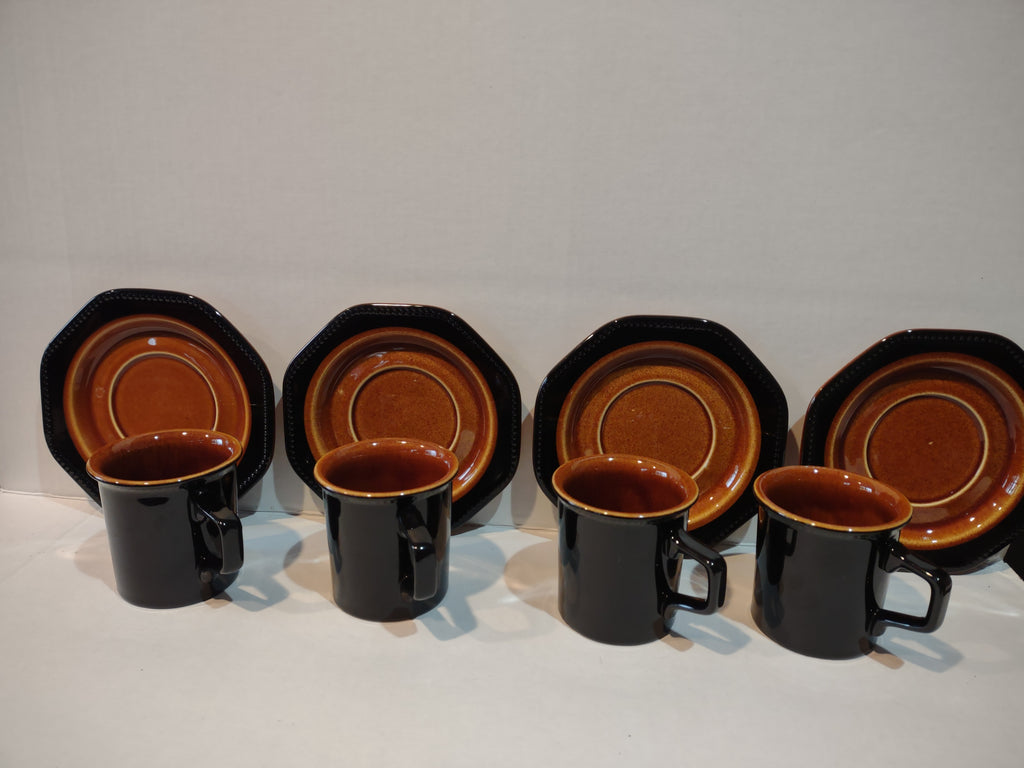 Vintage MCM Ironstone Amber Octagon Teacup/Mug x 4 Oven Proof USA (lot 5008)