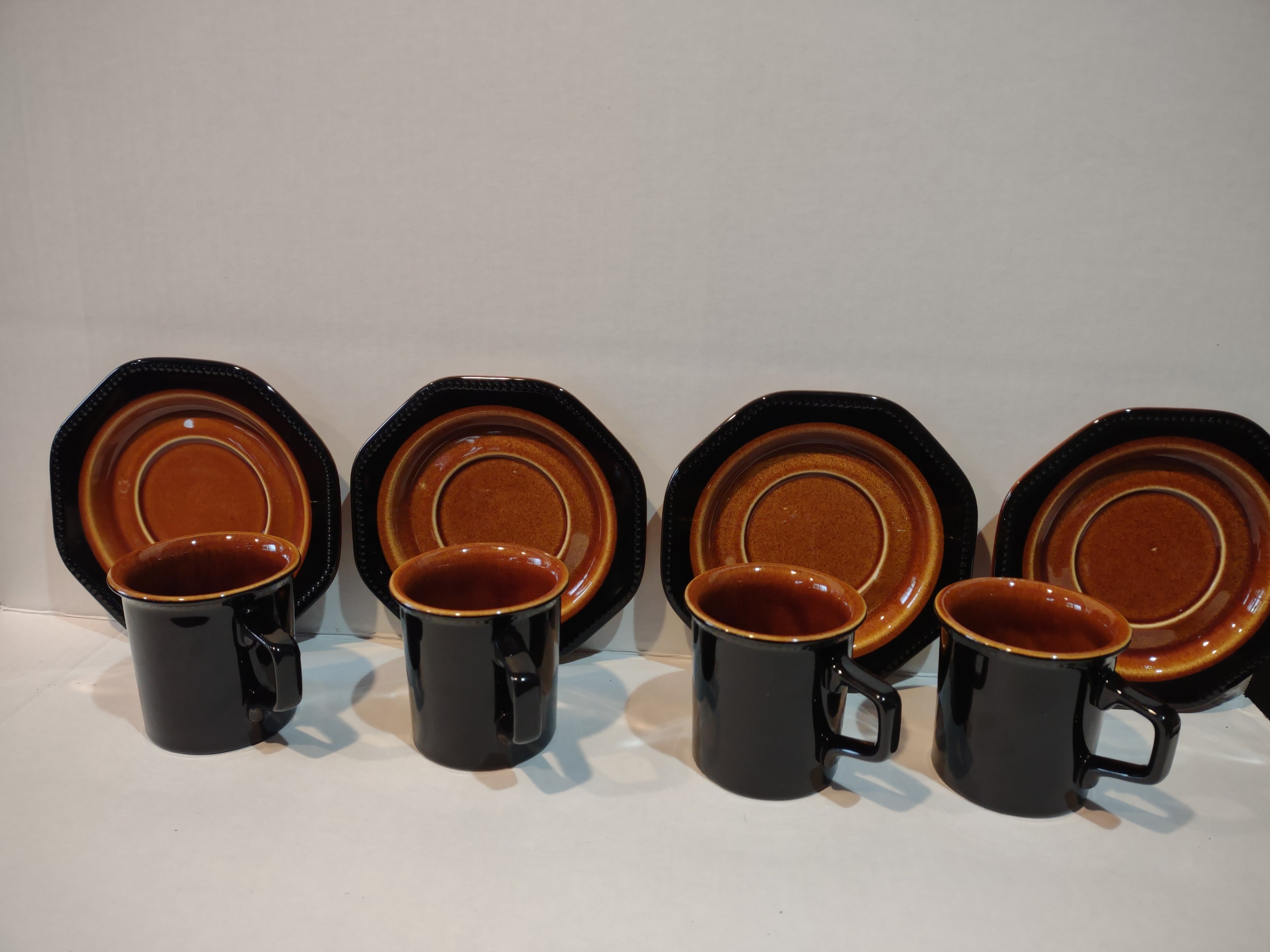 Vintage MCM Ironstone Amber Octagon Teacup/Mug x 4 Oven Proof USA (lot 5008)