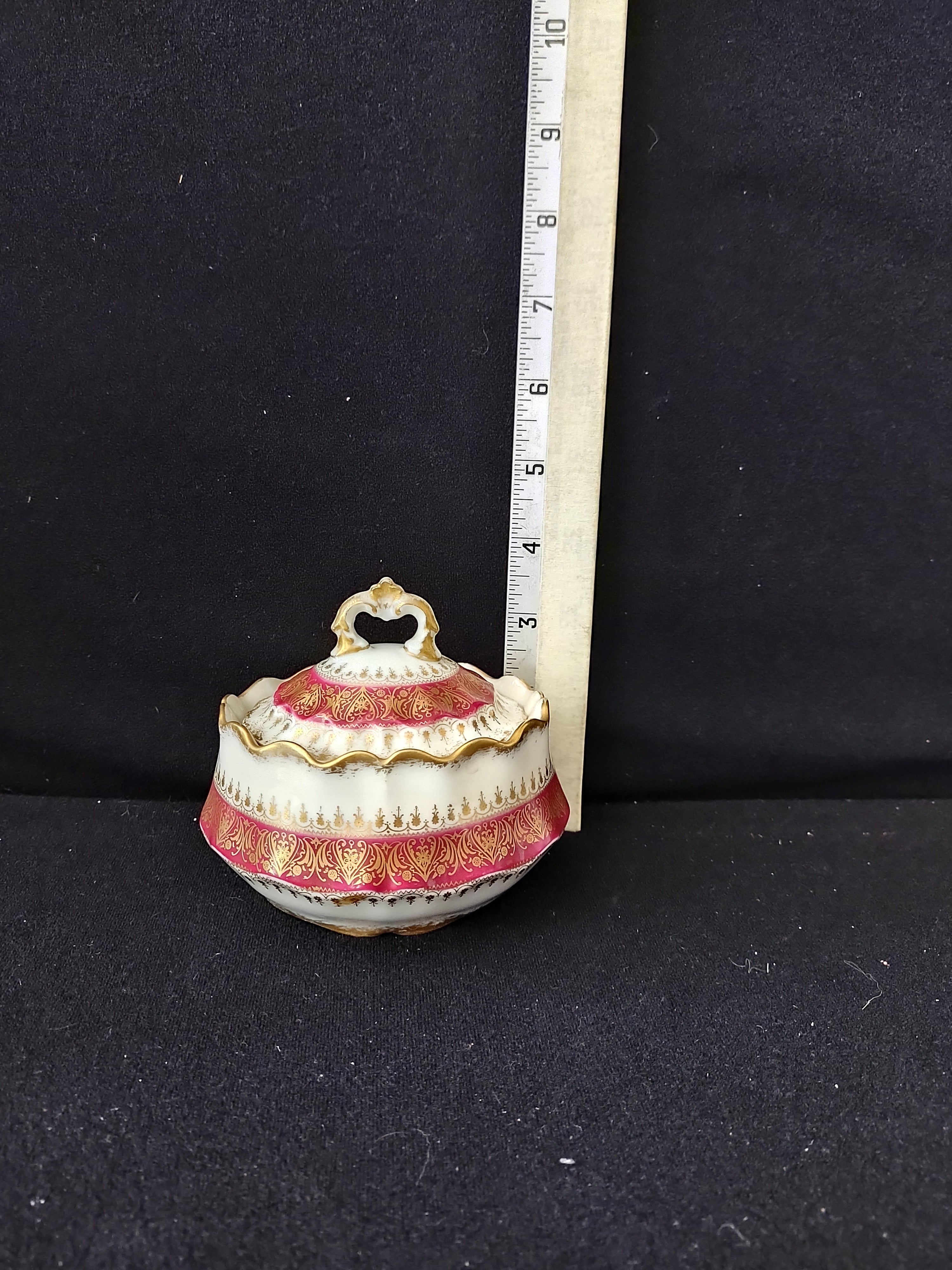Vintage Limoges French Chic Sugar Bowl Red White Gold Pattern (Lot 3821)