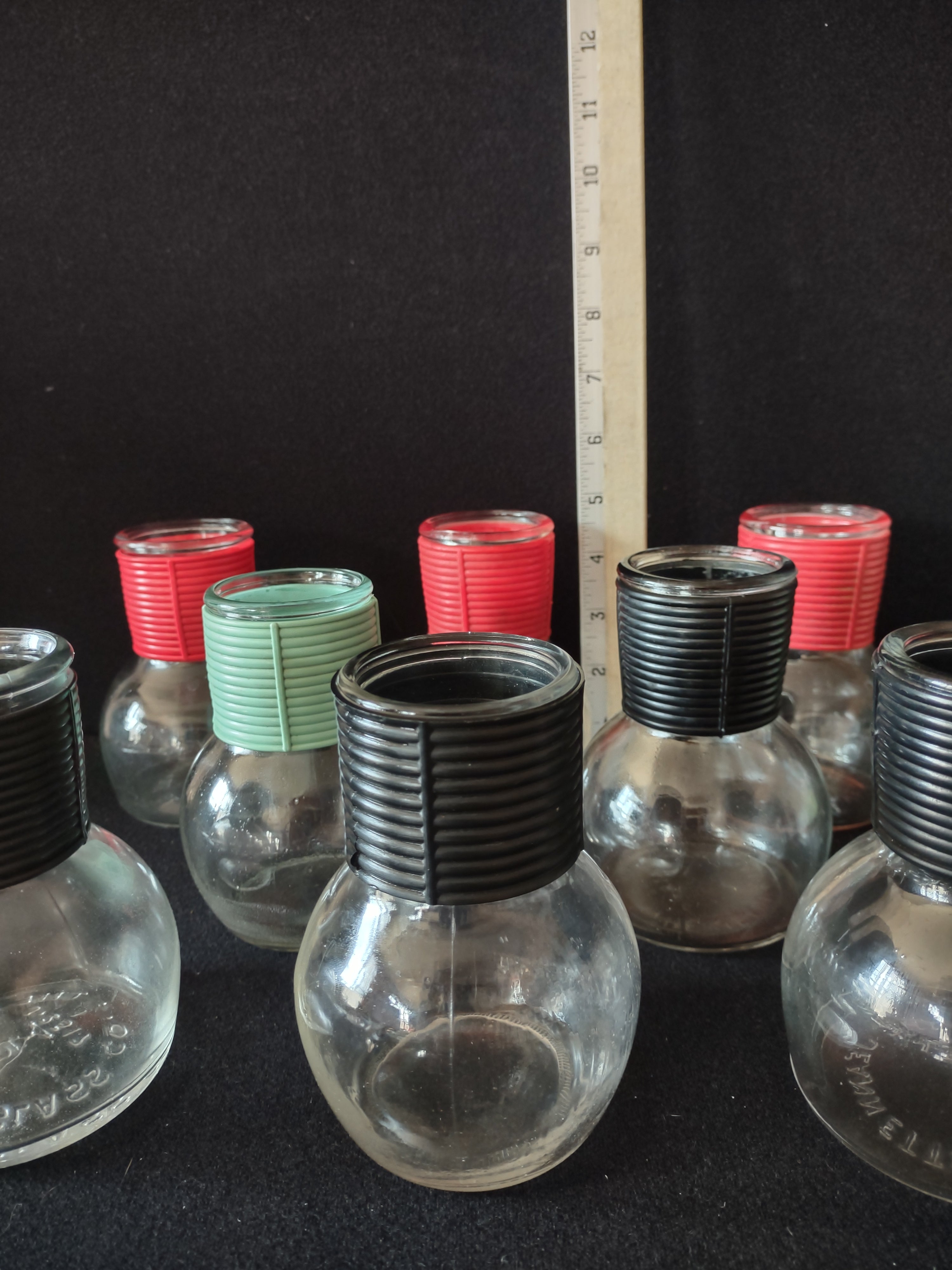 Vintage Hottle Carafe Clear Glass x 8 NO Lid Red Green Black (lot 5255)