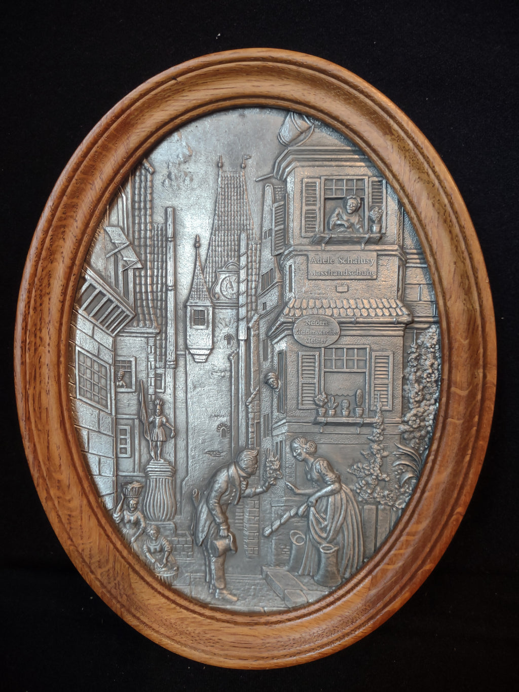 Vintage 3-D Scene German Town Frieling Zinn Pewter Wood Picture (lot 2658c)