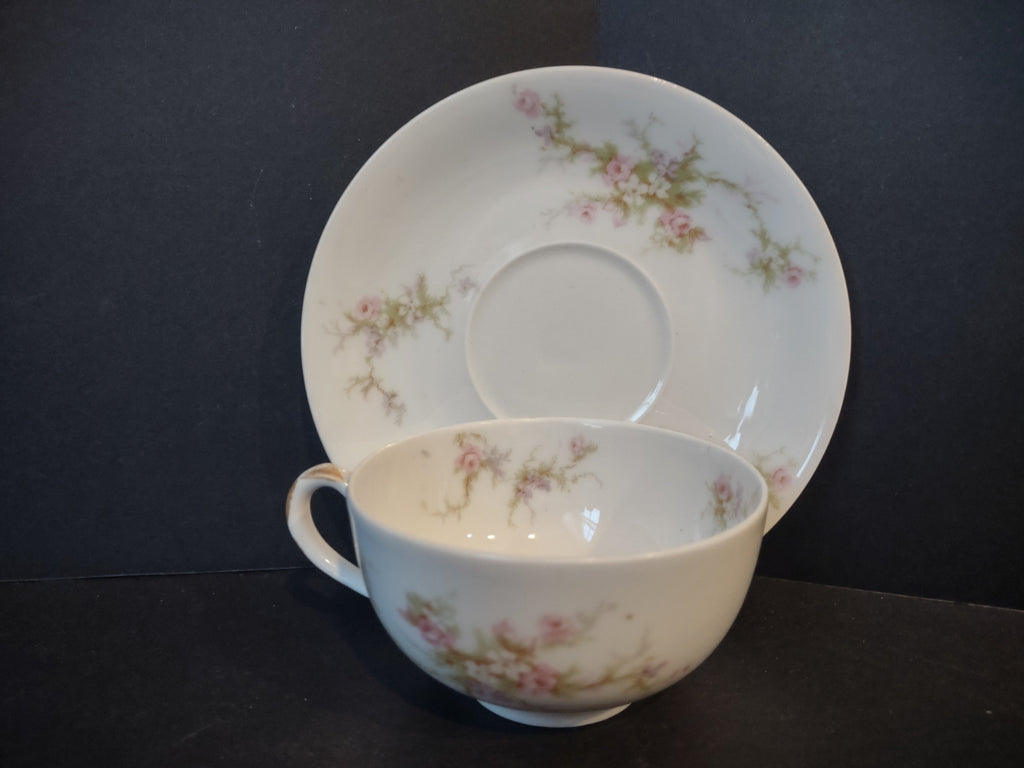 Haviland Limoges Tea Cup & Saucer Rose White Purple Flower Moss (lot 901)