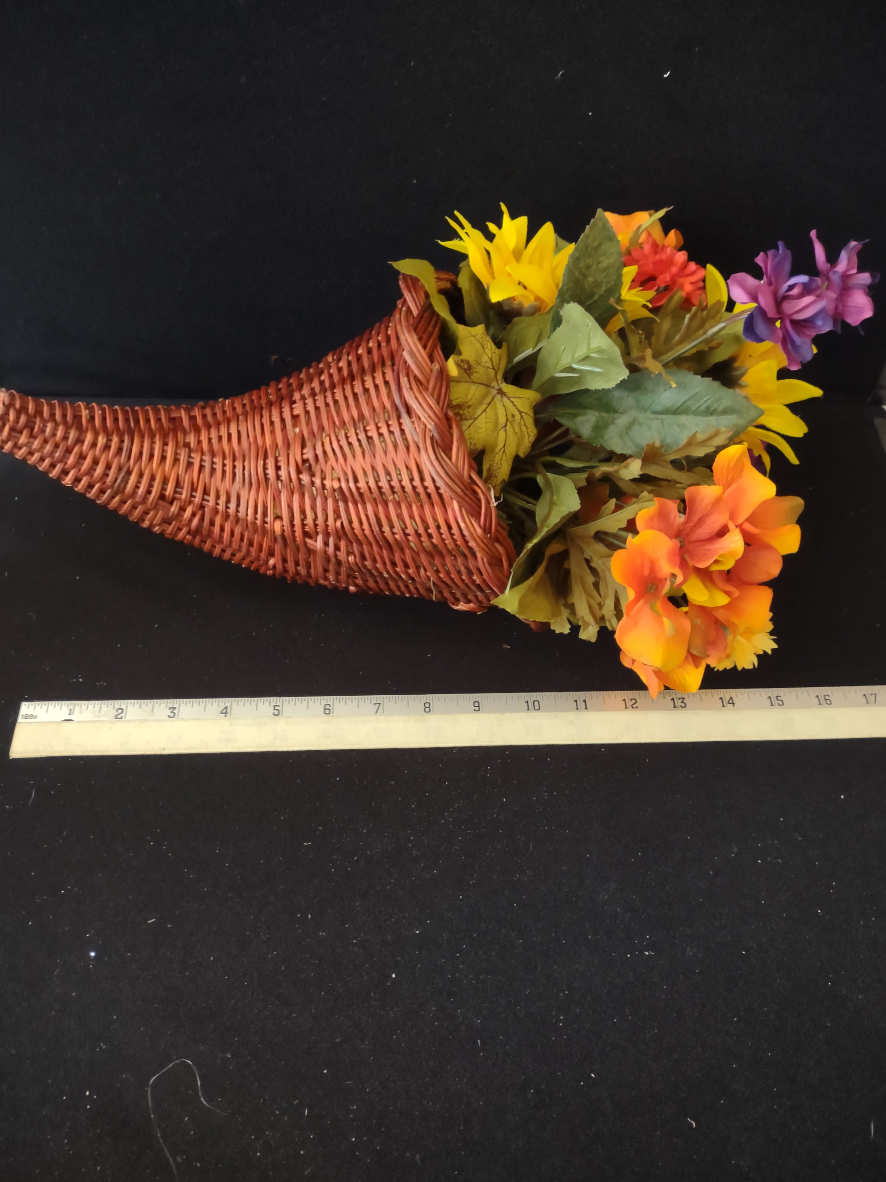 Thanksgiving/Fall Wicker Cornucopia With Artificial Flowers (Lot 3367)