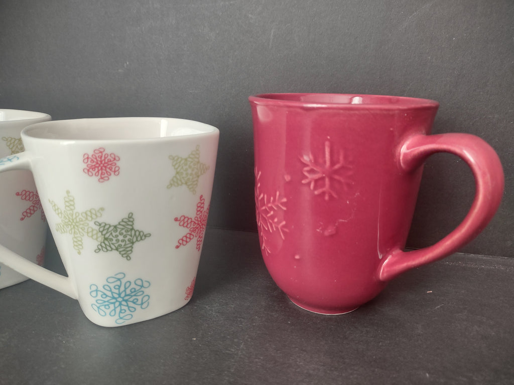 Christmas Snowflake Star Mugs 3 x Starbucks 2 Red Maroon Coffee Cup (lot 1216)