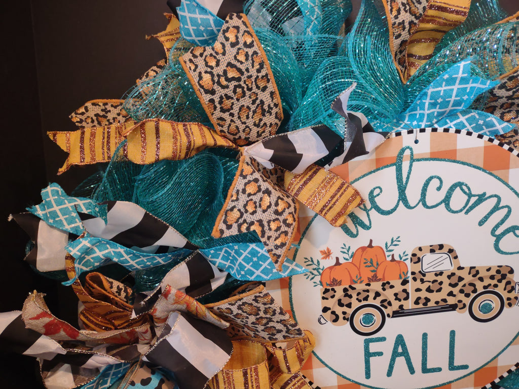 Autumn Fall Front Door Wreath Mesh Ribbon Decor Welcome Truck (lot 1367)