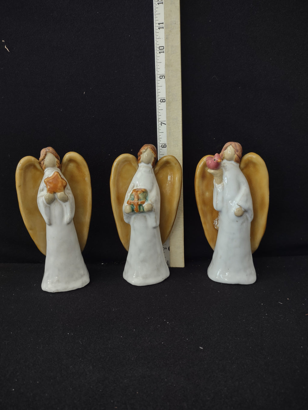 Vintage Ceramic Christmas Angel Figurines Star Gift Bird Set Of 3 (Lot 3843)