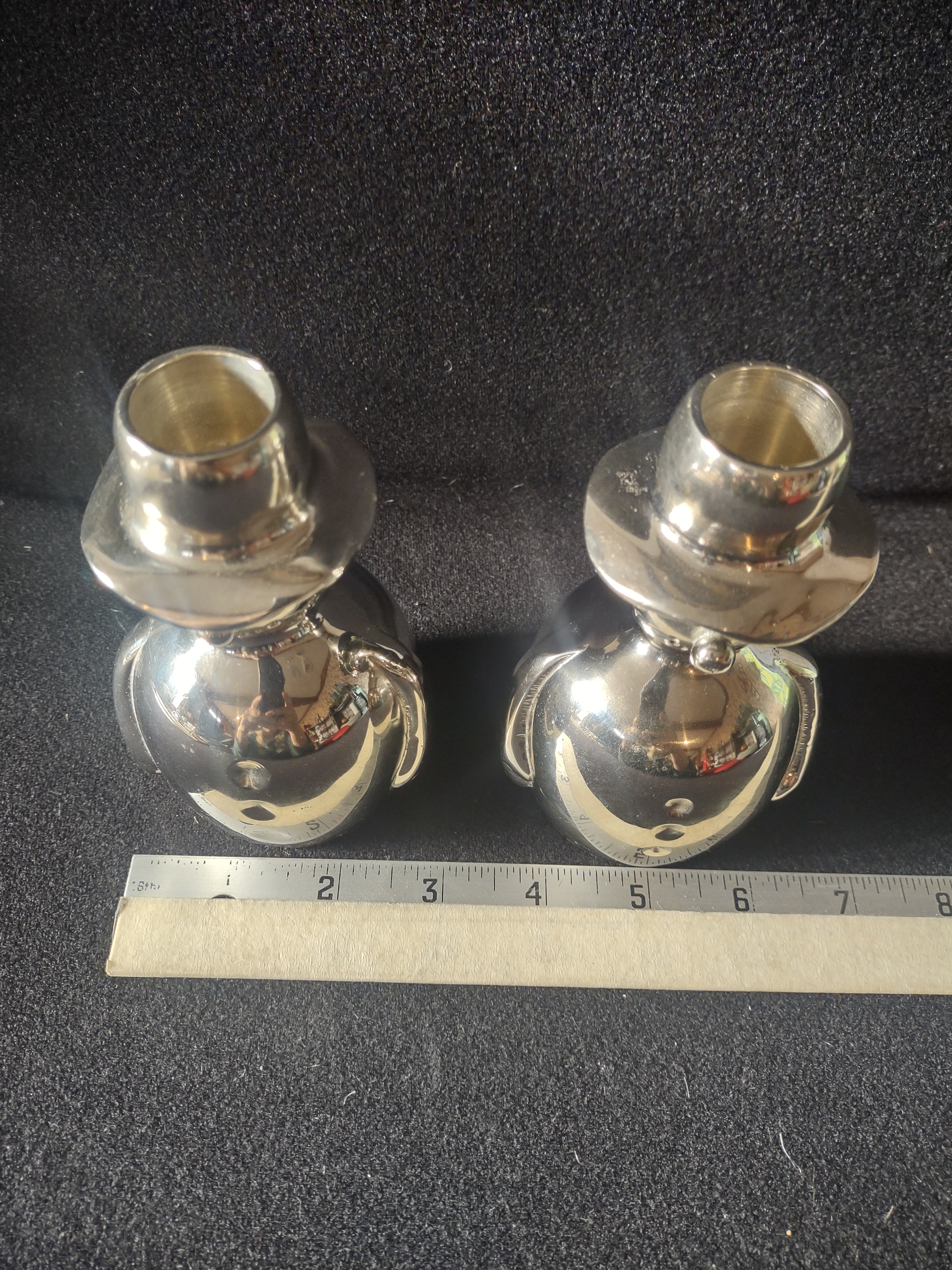 Christmas Winter Crate Barrel Silvertone Snowmen Taper Candle Holder x 2 Lot4535