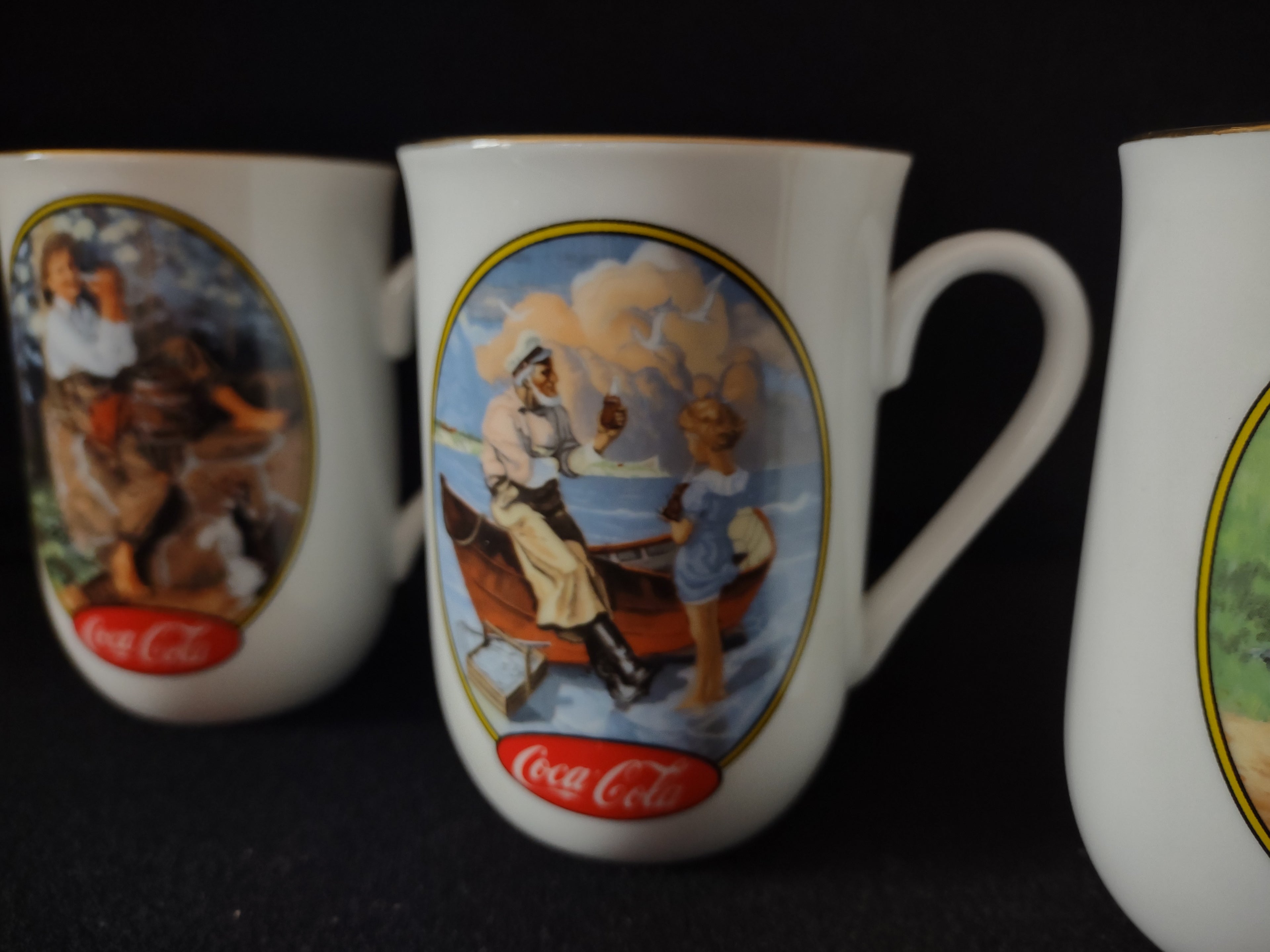 Vintage Coca-Cola Rockwell Mug x 4 Summertime Barefoot Boy Seashore (lot 5411)