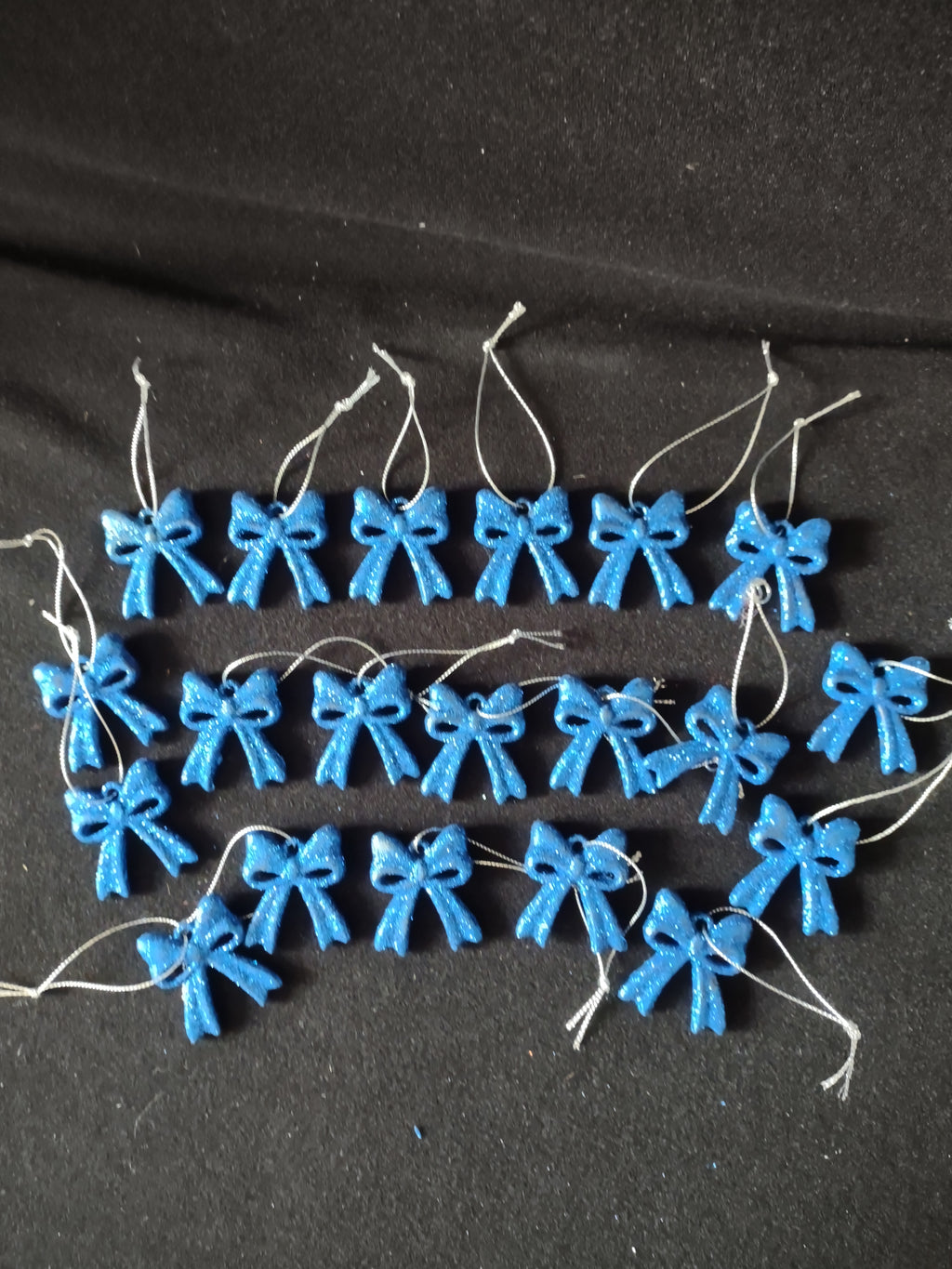 Vintage Christmas Ornament 20 Small Blue Glitter Bows 1.5 x 1.5 in ( Lot 4765)