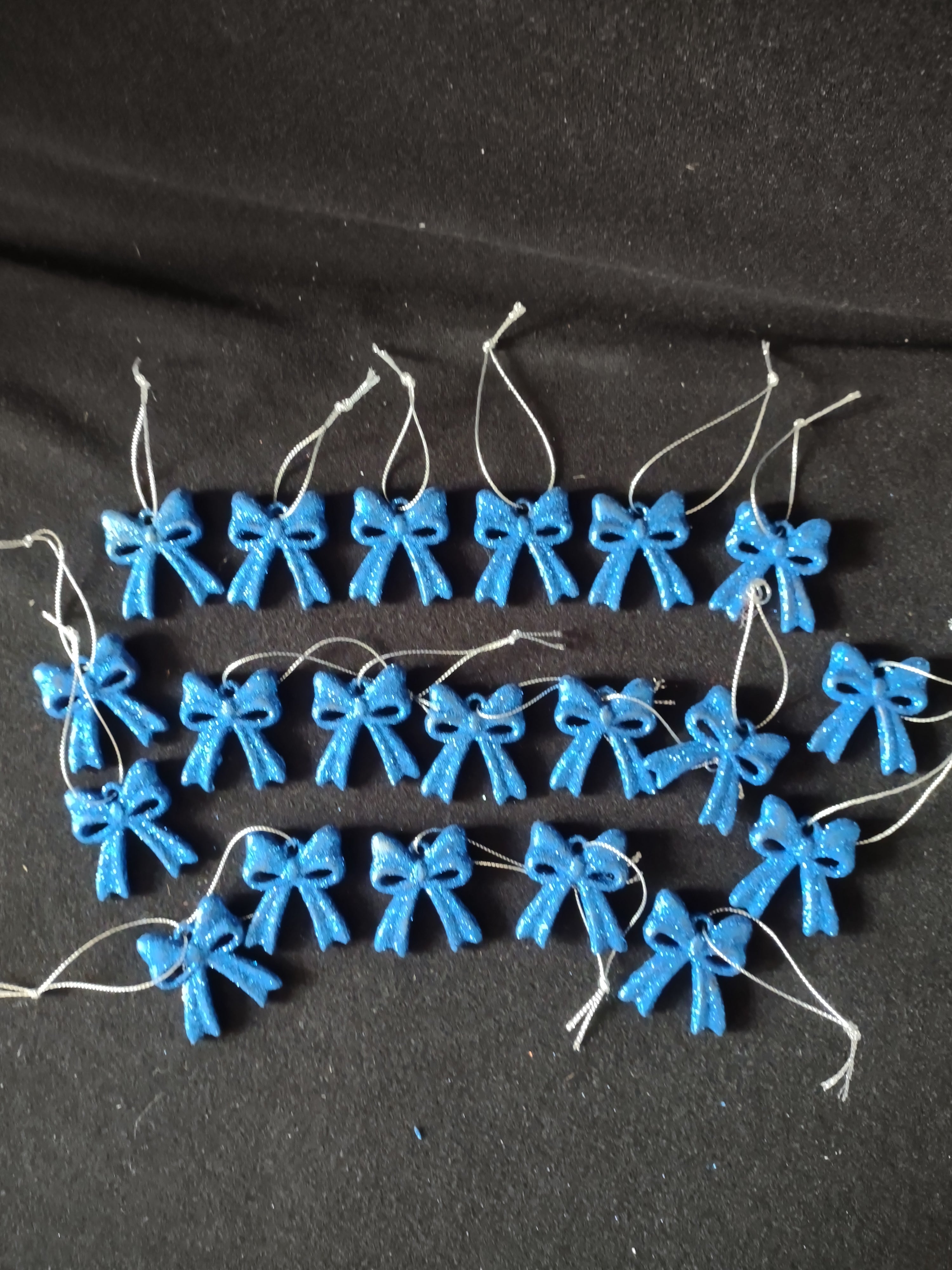 Vintage Christmas Ornament 20 Small Blue Glitter Bows 1.5 x 1.5 in ( Lot 4765)